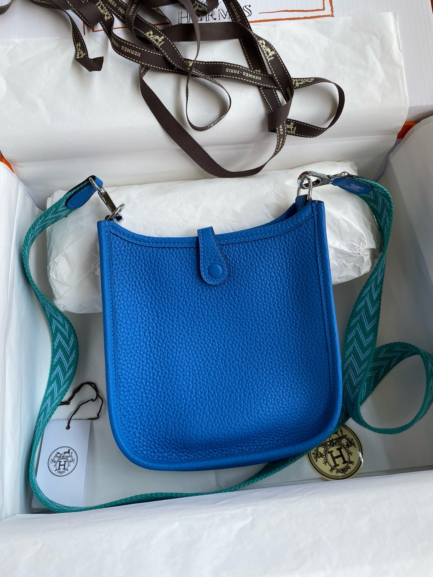 H**mes evelyne mini handmade bag in blue hydra clemence leather