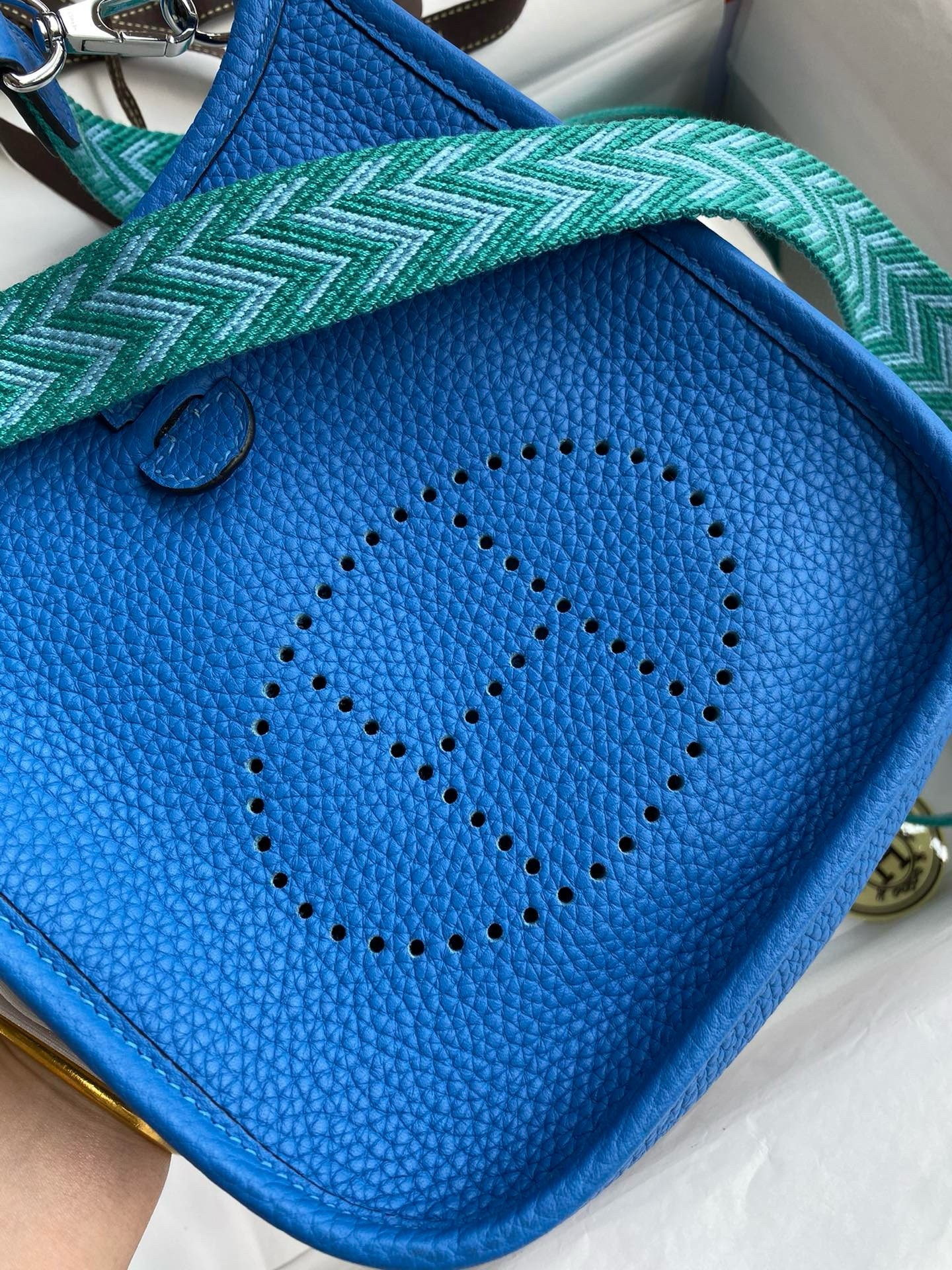 H**mes evelyne mini handmade bag in blue hydra clemence leather