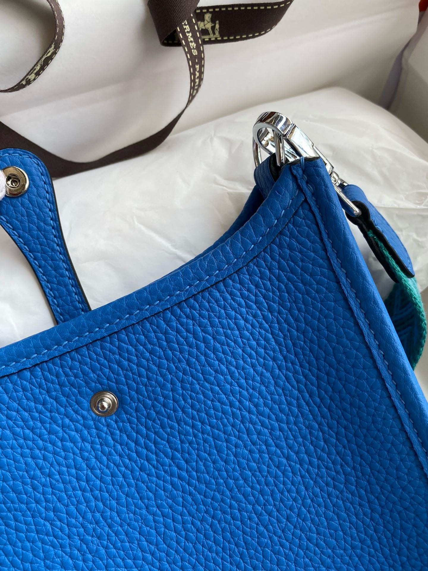 H**mes evelyne mini handmade bag in blue hydra clemence leather