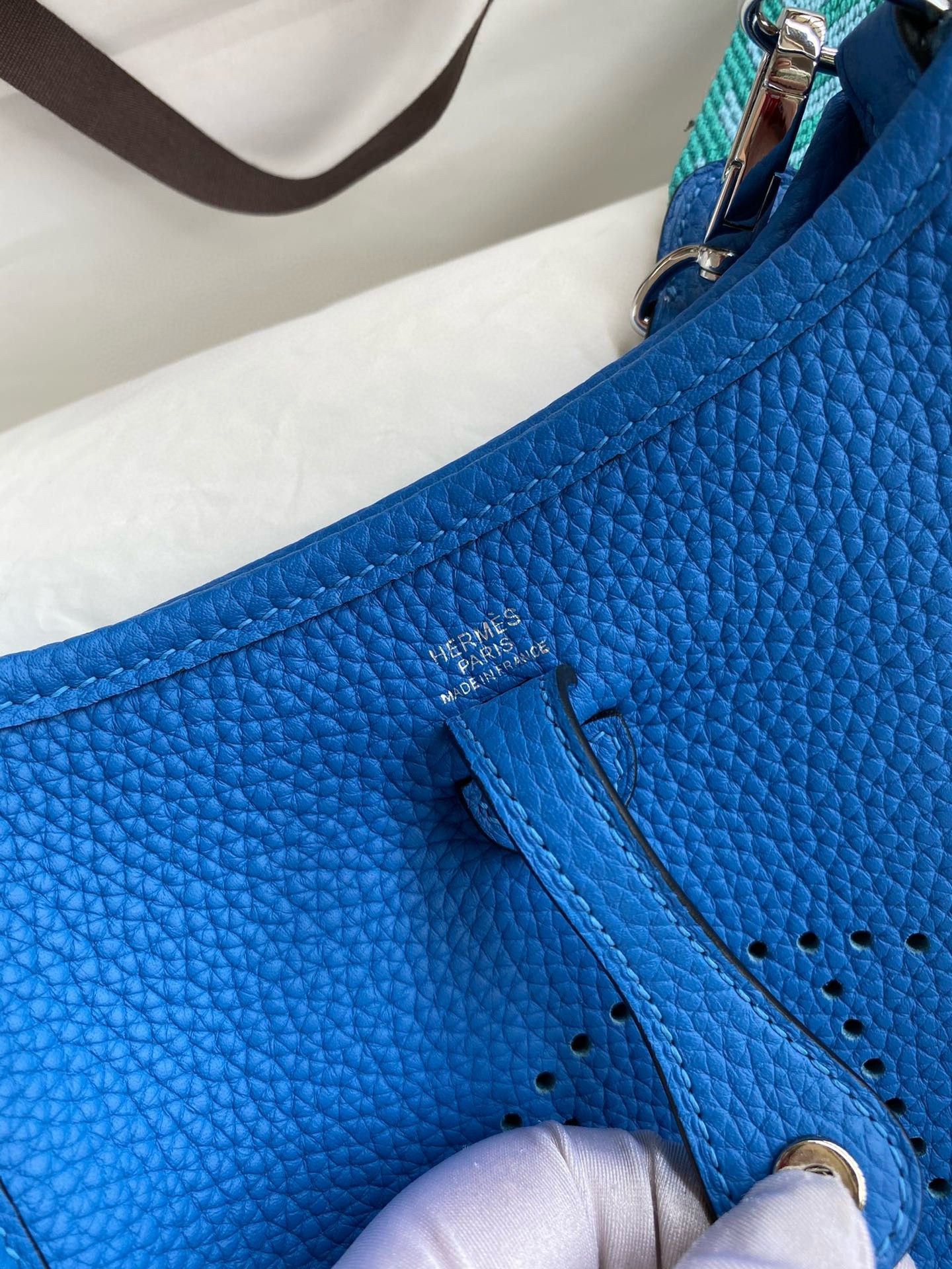 H**mes evelyne mini handmade bag in blue hydra clemence leather