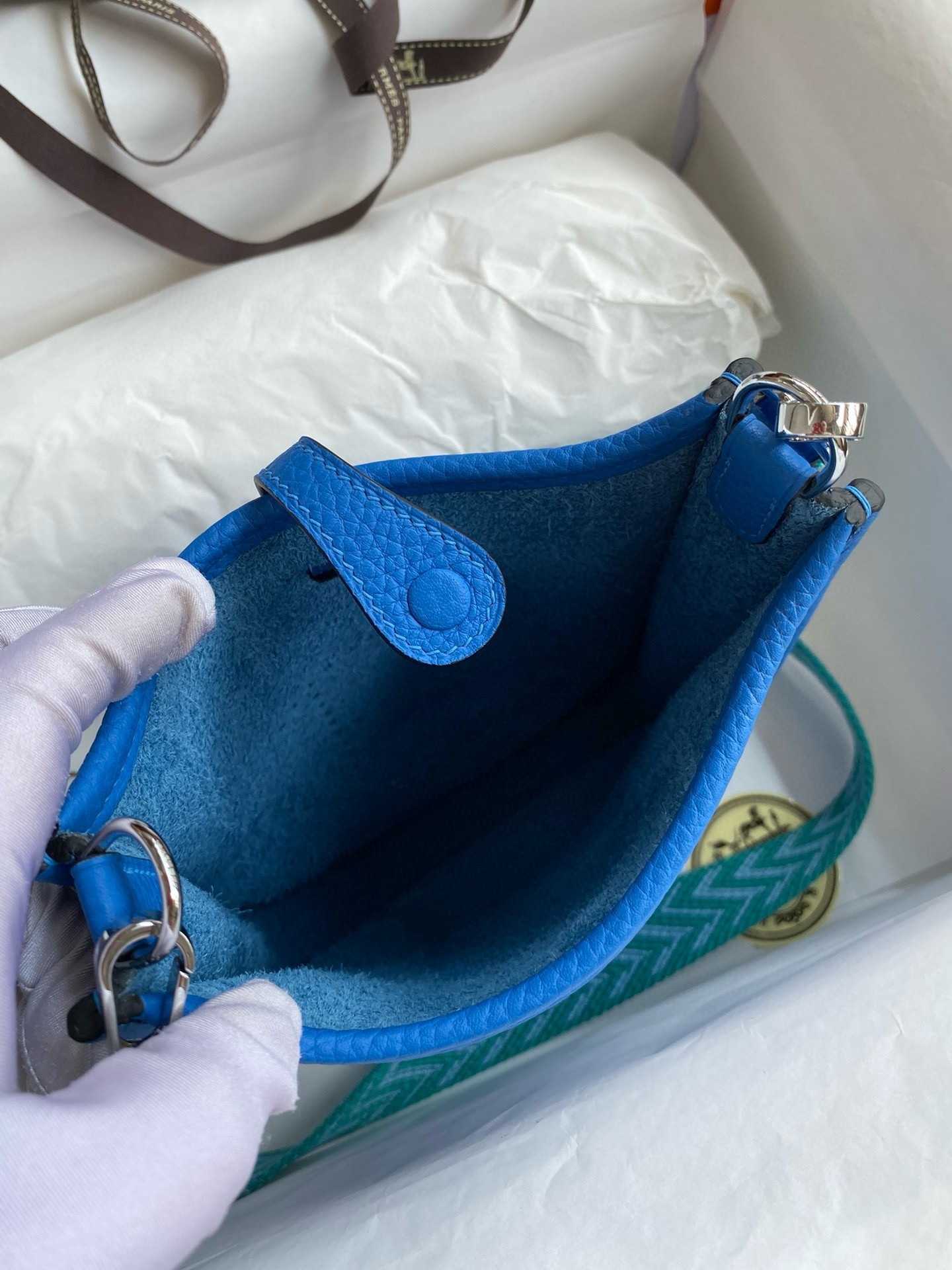H**mes evelyne mini handmade bag in blue hydra clemence leather