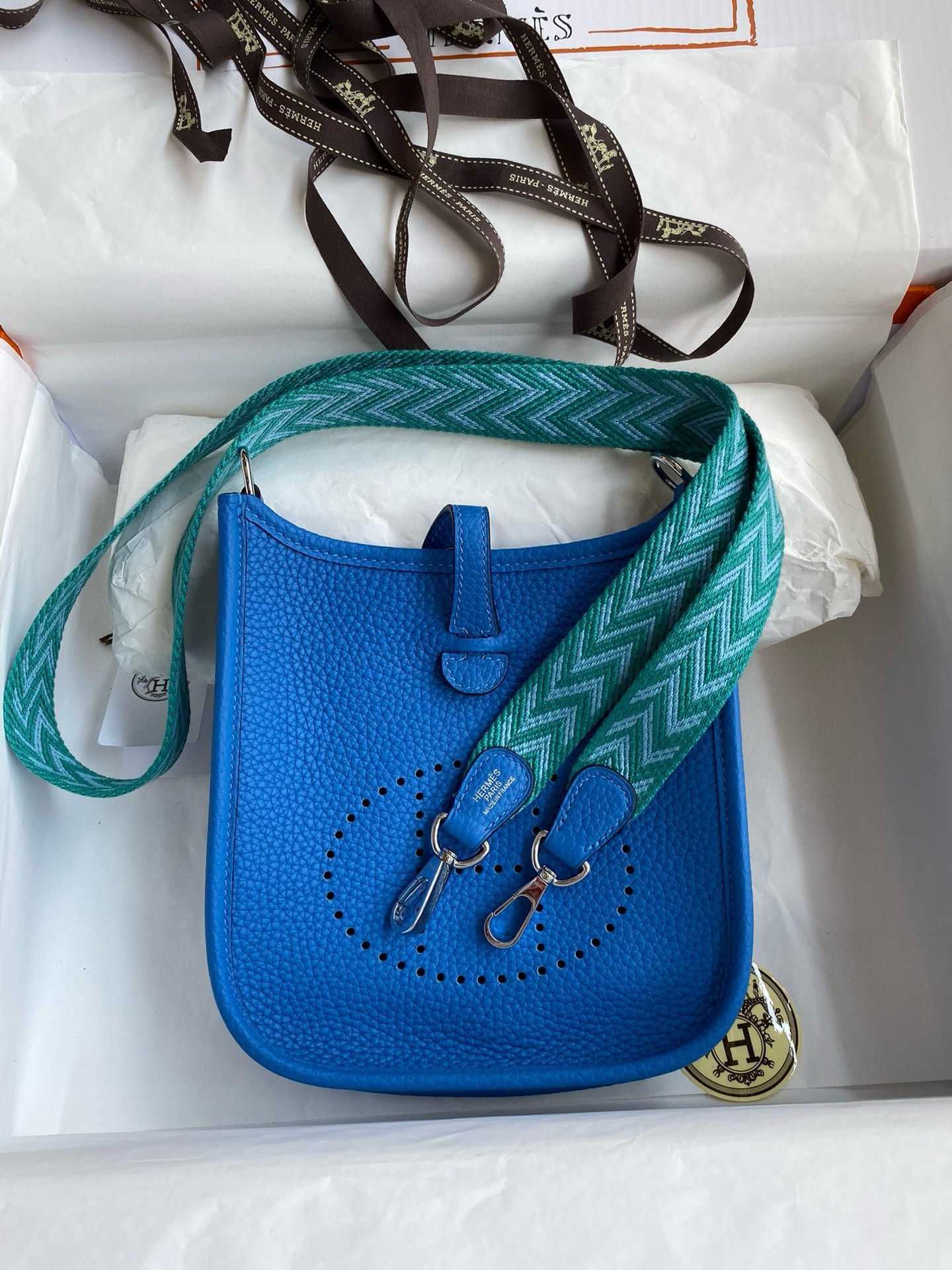 H**mes evelyne mini handmade bag in blue hydra clemence leather