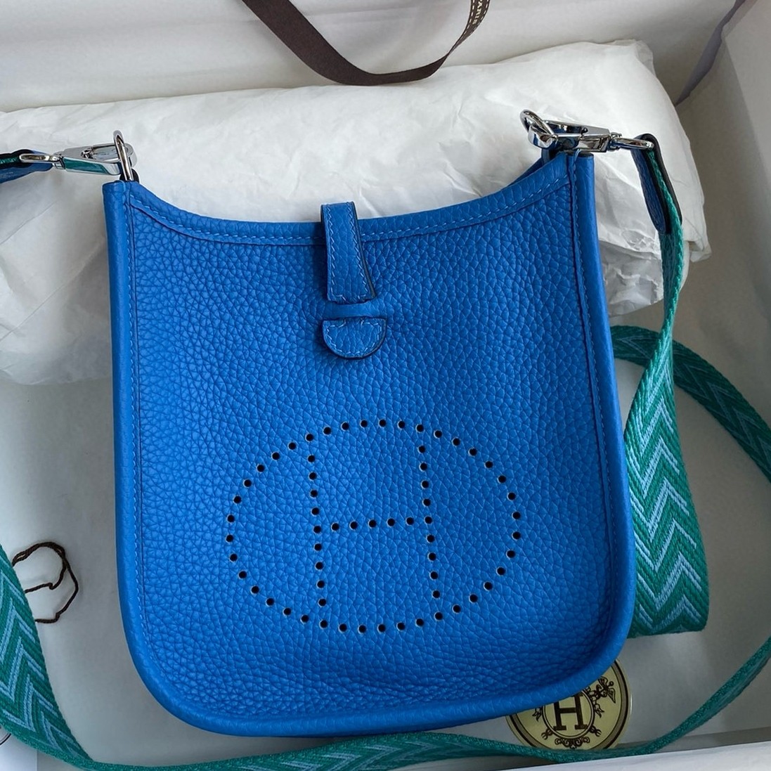 H**mes evelyne mini handmade bag in blue hydra clemence leather