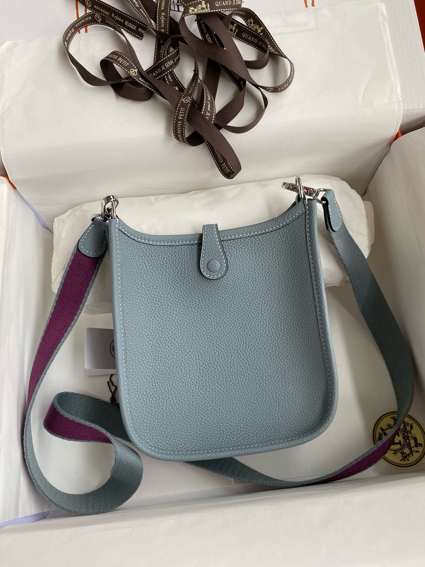 H**mes evelyne mini handmade bag in blue lin clemence leather