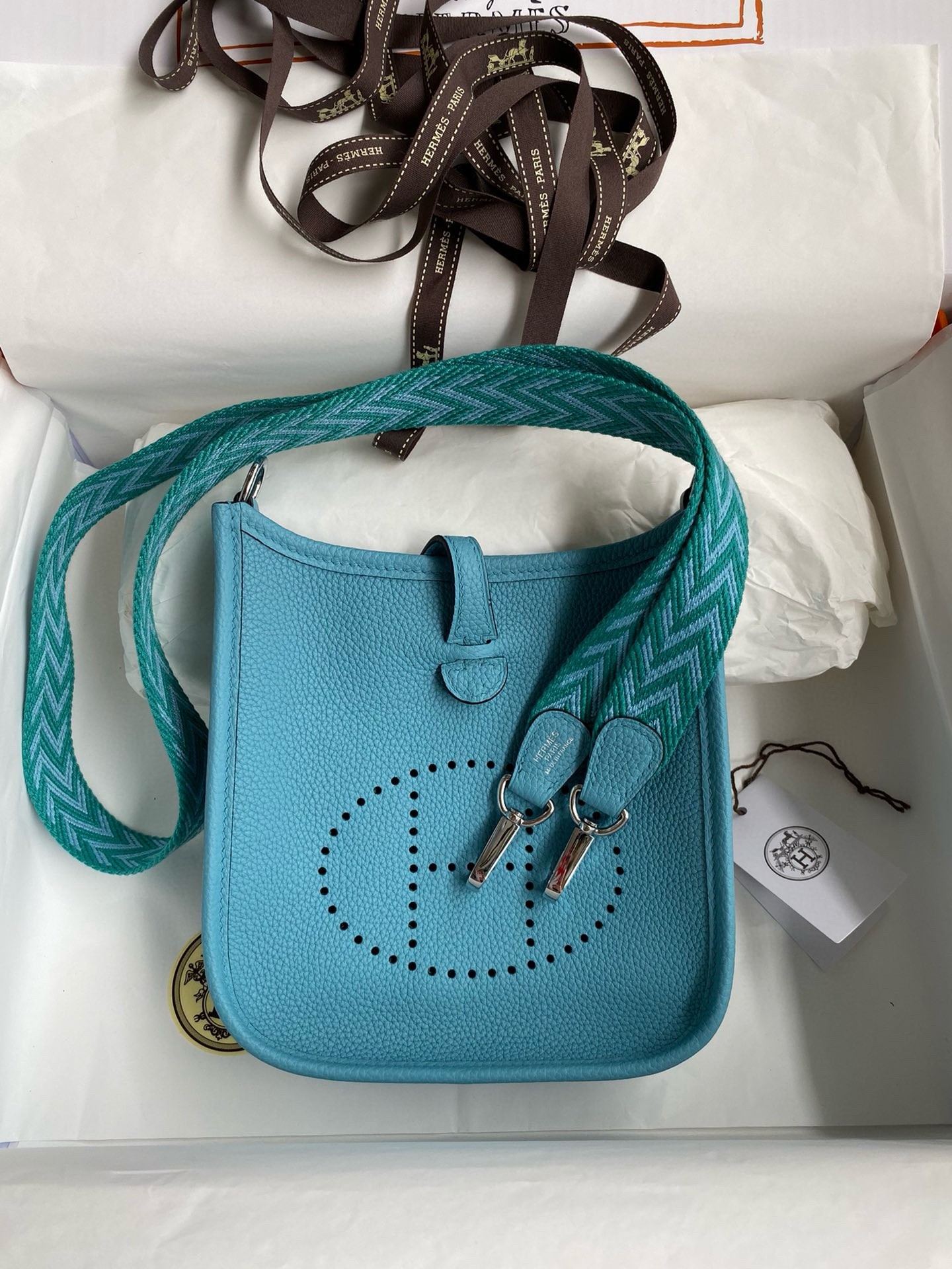 H**mes evelyne mini handmade bag in blue du nord clemence leather
