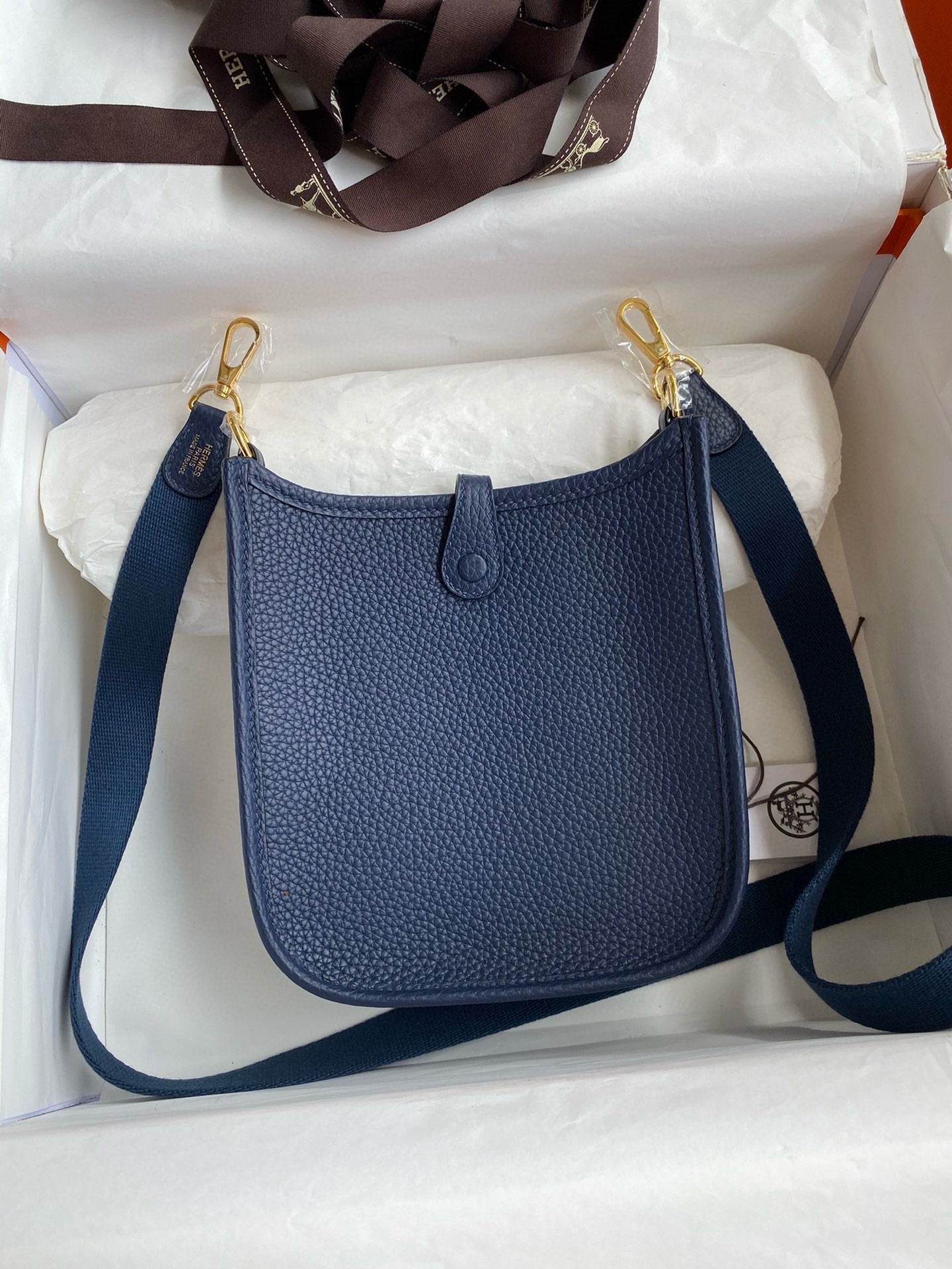 H**mes evelyne mini handmade bag in blue saphir clemence leather
