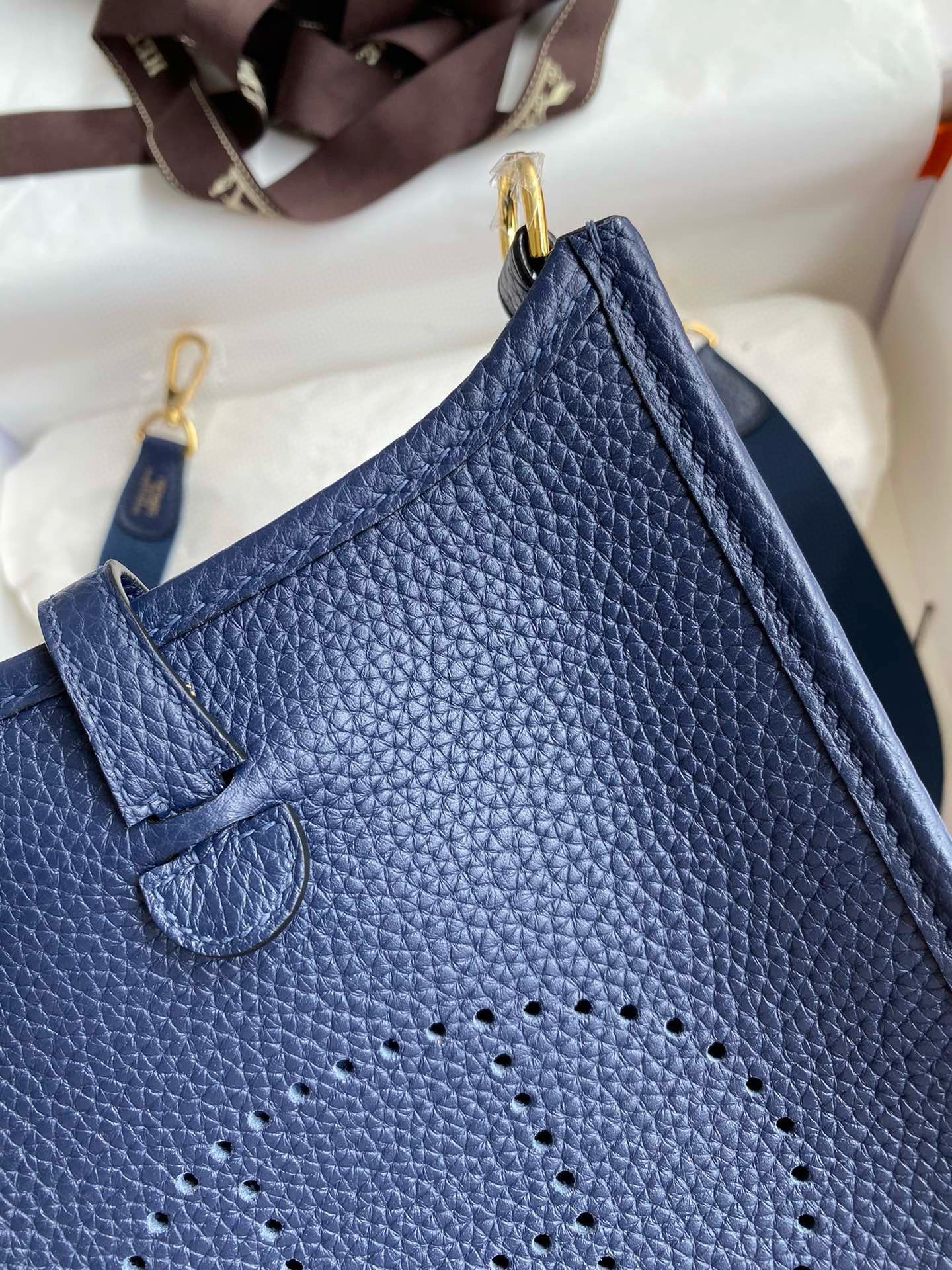 H**mes evelyne mini handmade bag in blue saphir clemence leather