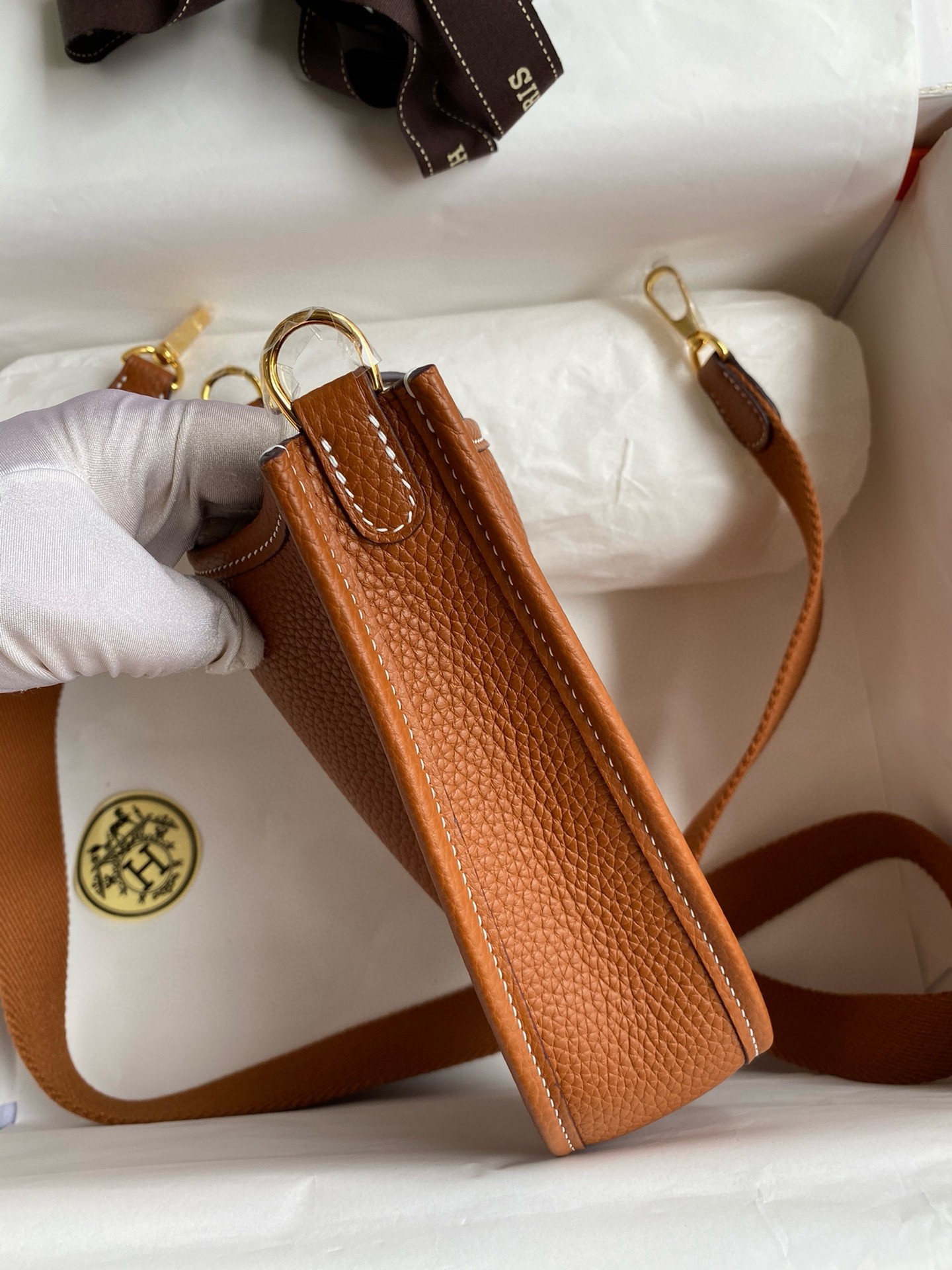 H**mes evelyne mini handmade bag in gold clemence leather