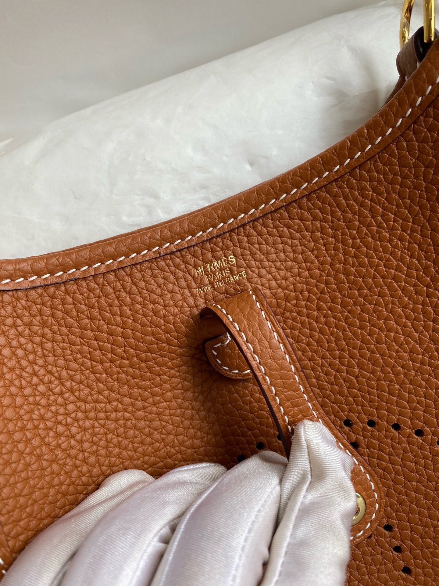 H**mes evelyne mini handmade bag in gold clemence leather