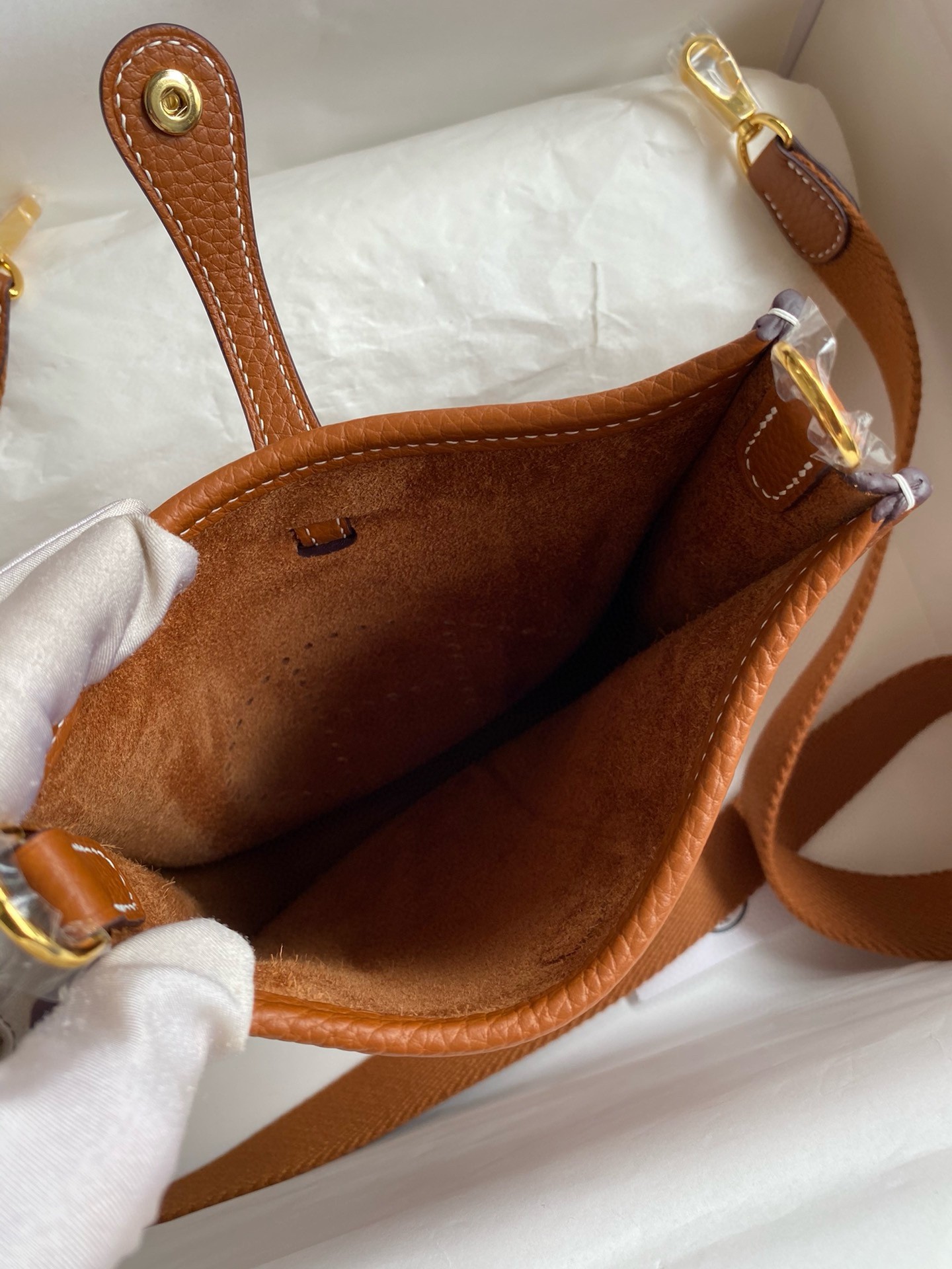 H**mes evelyne mini handmade bag in gold clemence leather