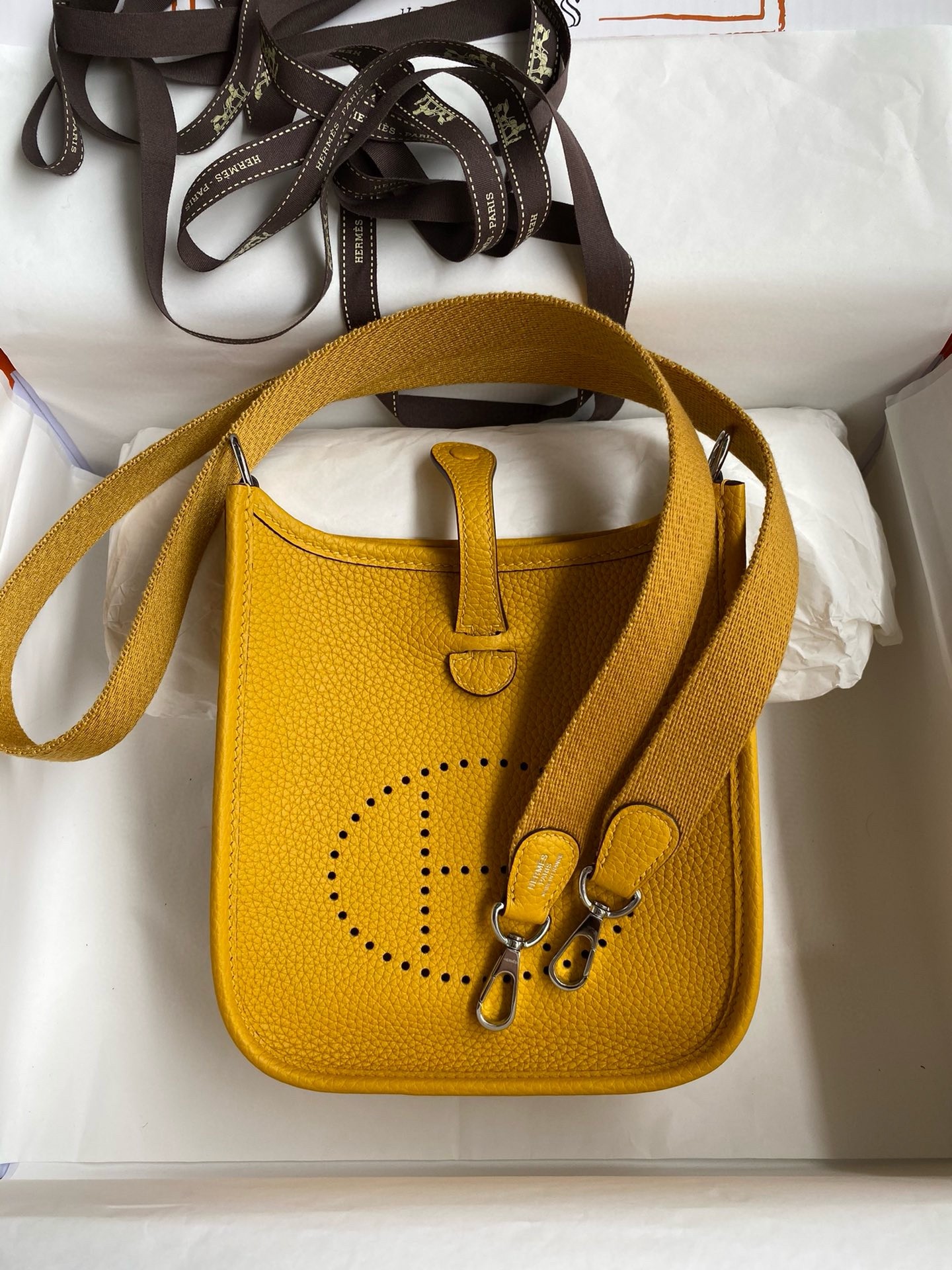 H**mes evelyne mini handmade bag in jaune clemence leather