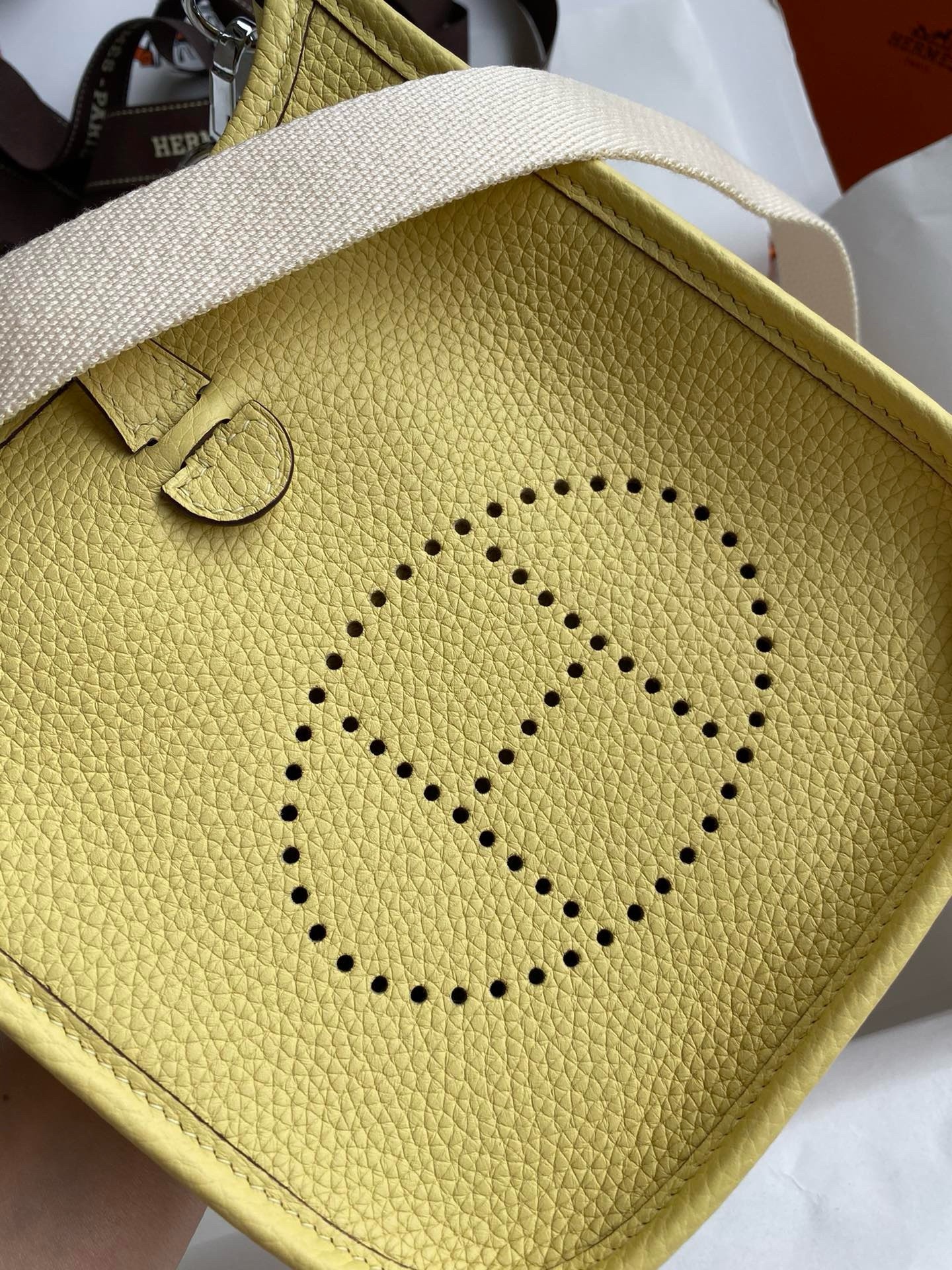 H**mes evelyne mini handmade bag in jaune poussin clemence leather