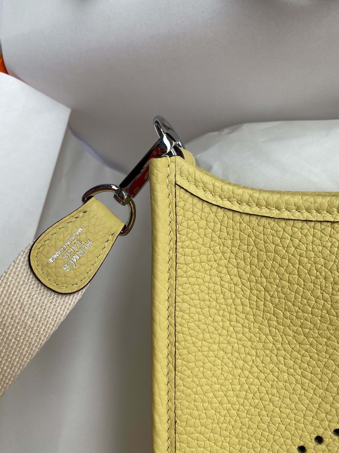 H**mes evelyne mini handmade bag in jaune poussin clemence leather