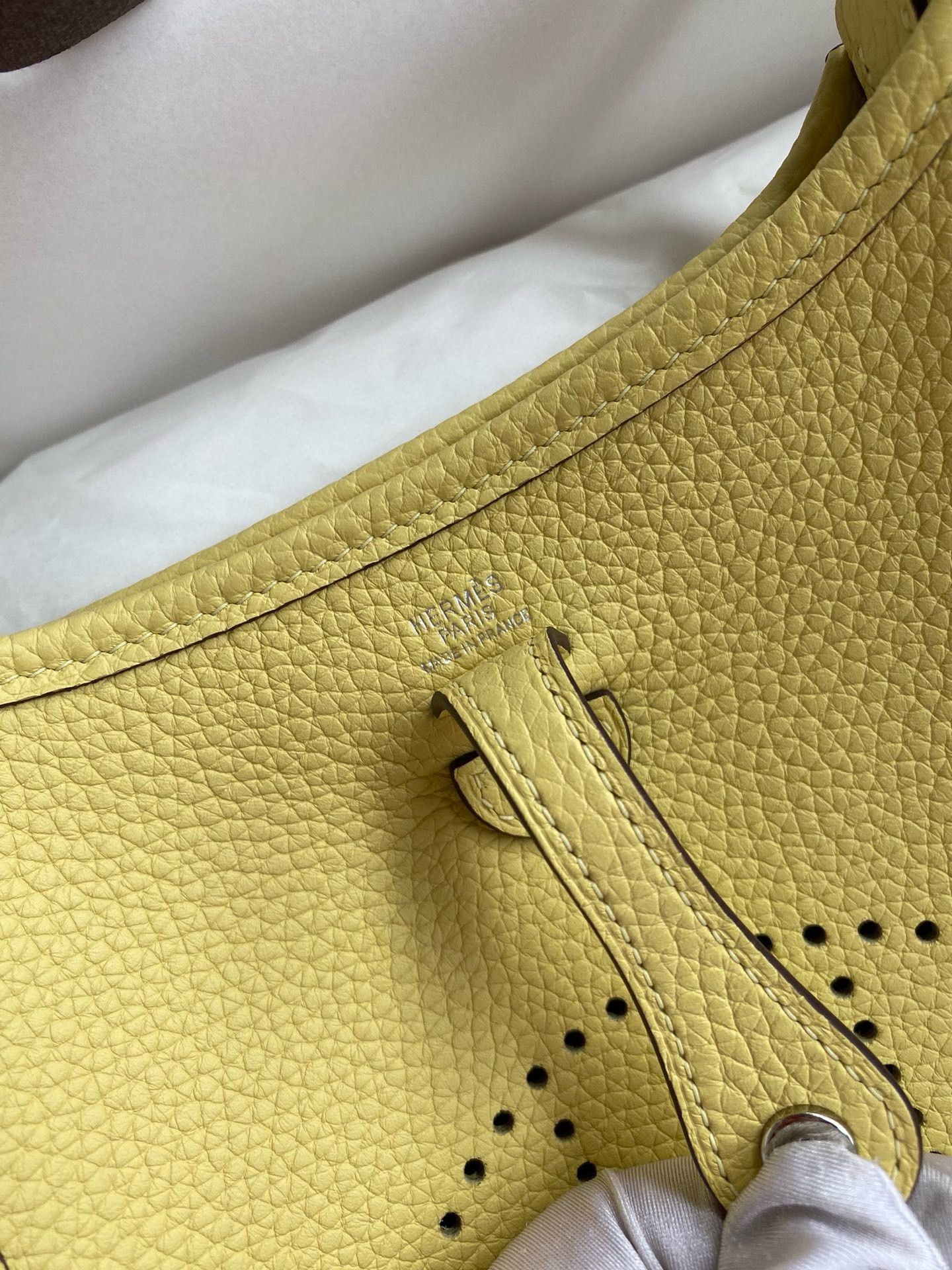 H**mes evelyne mini handmade bag in jaune poussin clemence leather