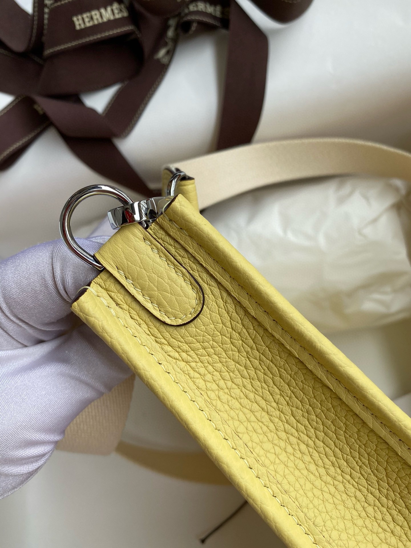 H**mes evelyne mini handmade bag in jaune poussin clemence leather