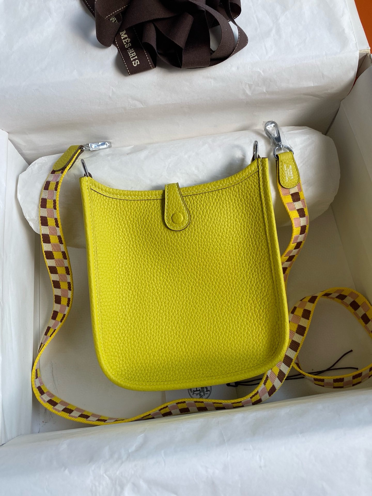 H**mes evelyne mini handmade bag in lime clemence leather