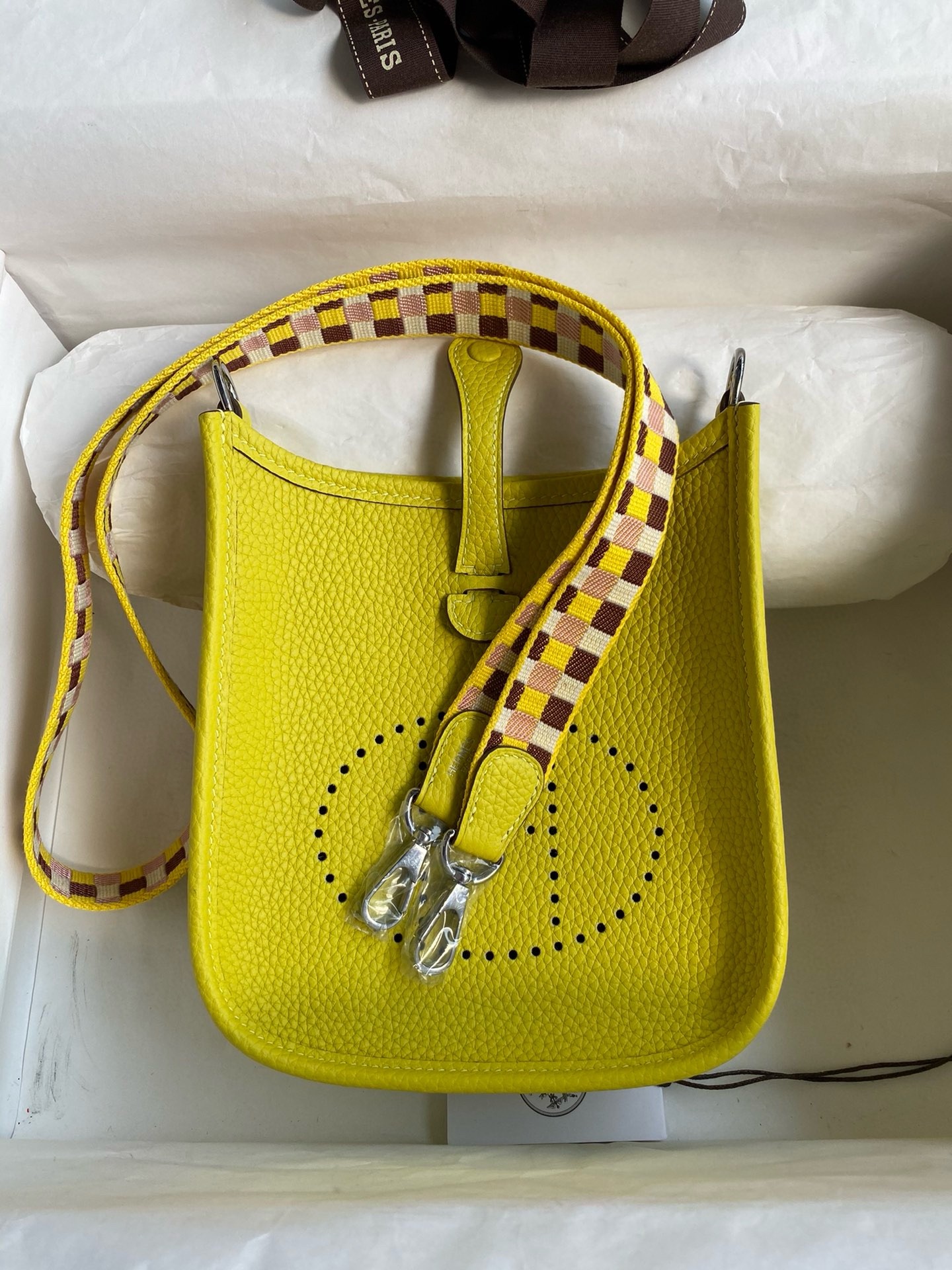 H**mes evelyne mini handmade bag in lime clemence leather