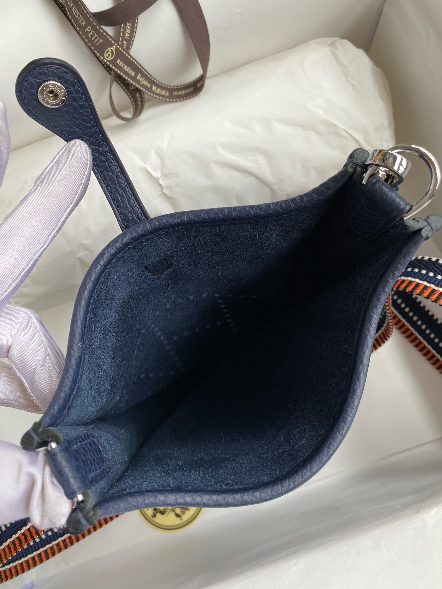 H**mes evelyne mini handmade bag in navy blue clemence leather