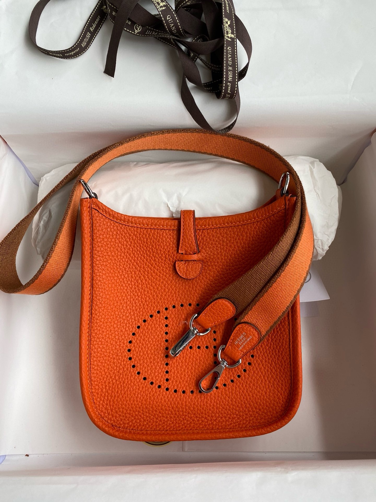 H**mes evelyne mini handmade bag in orange clemence leather