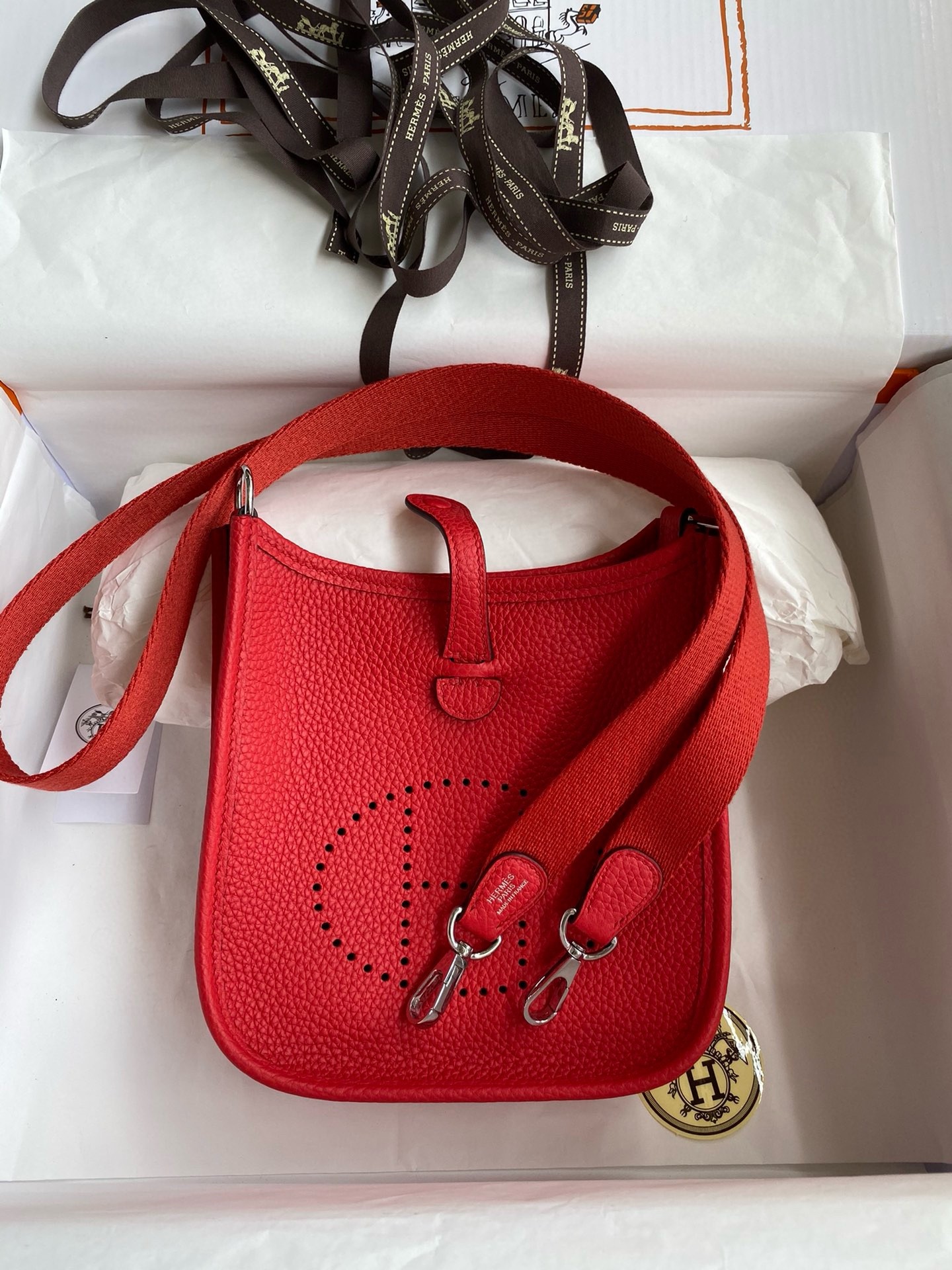 H**mes evelyne mini handmade bag in red clemence leather