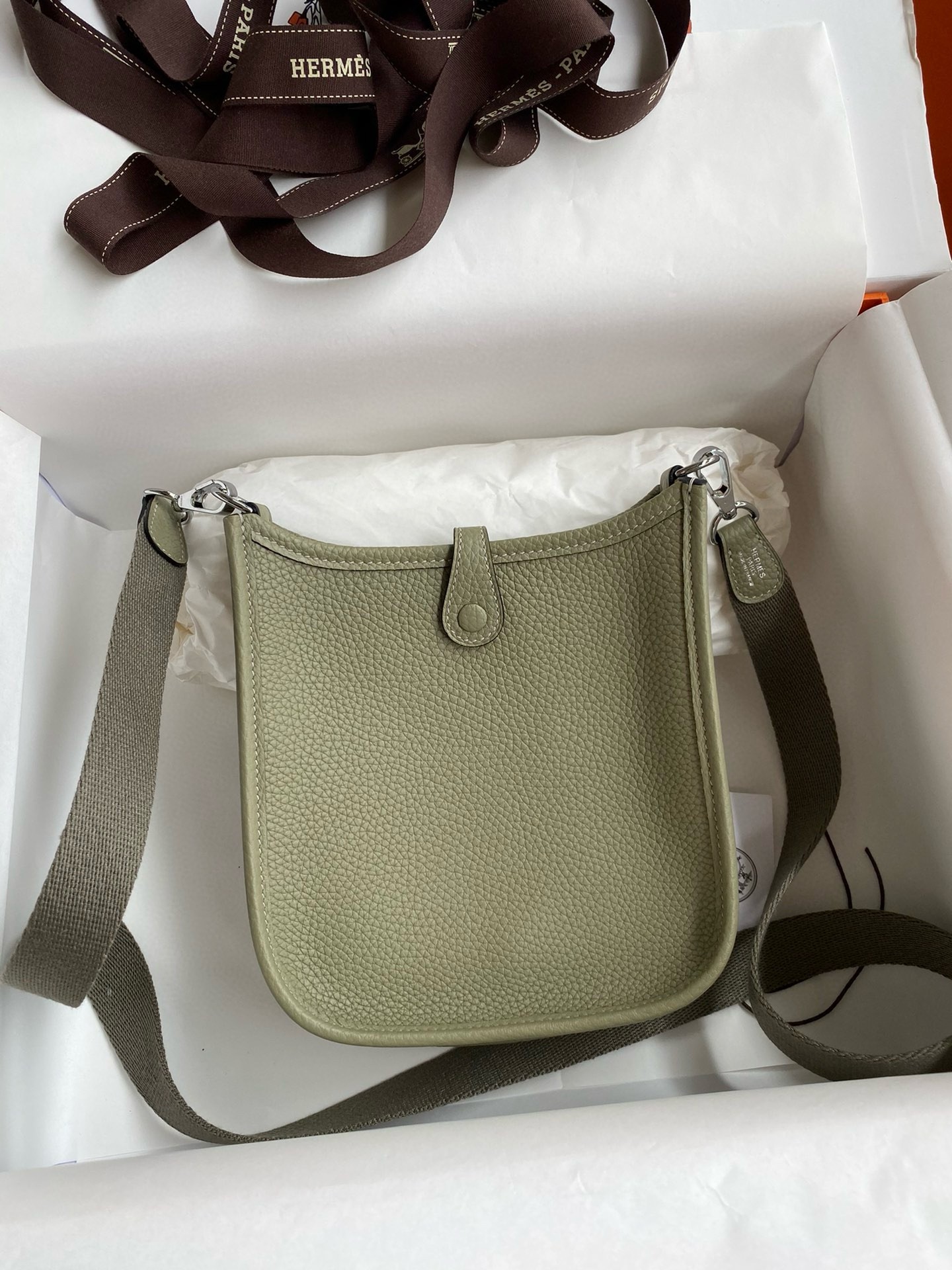 H**mes evelyne mini handmade bag in sauge clemence leather