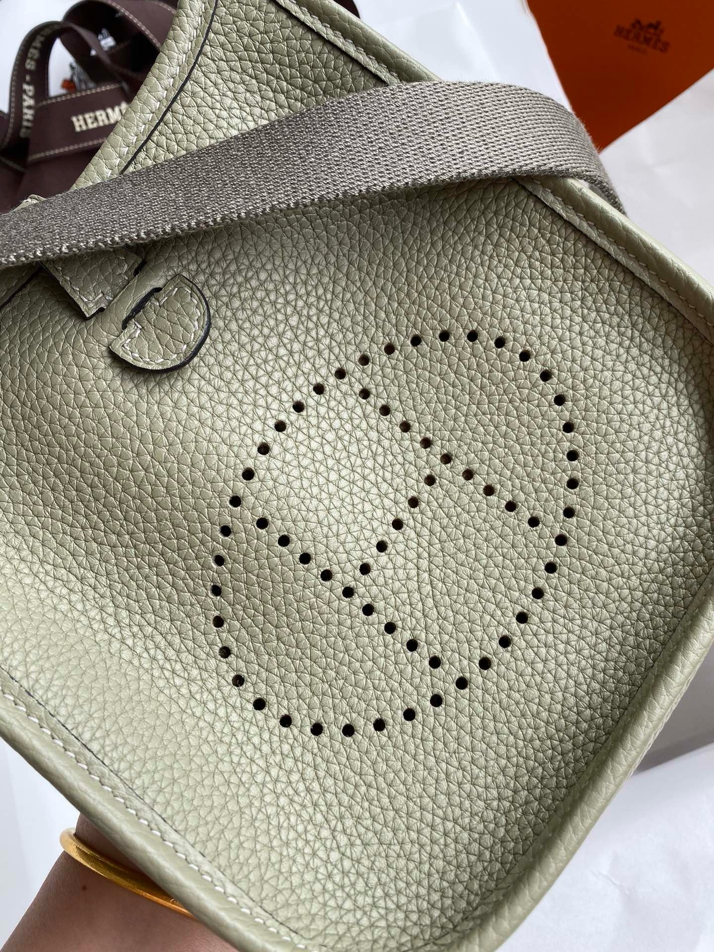 H**mes evelyne mini handmade bag in sauge clemence leather