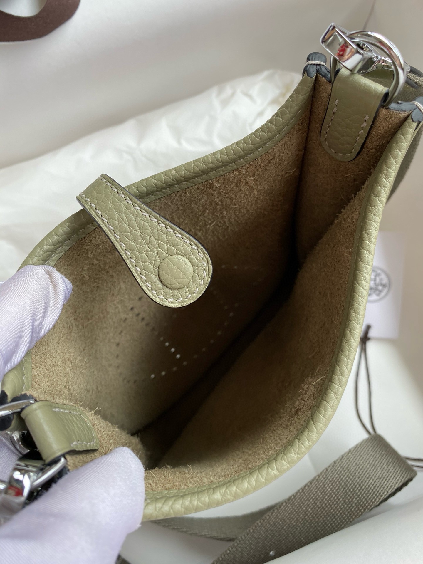 H**mes evelyne mini handmade bag in sauge clemence leather