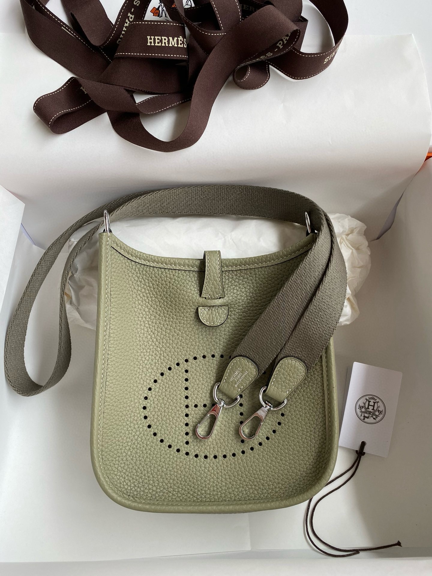 H**mes evelyne mini handmade bag in sauge clemence leather