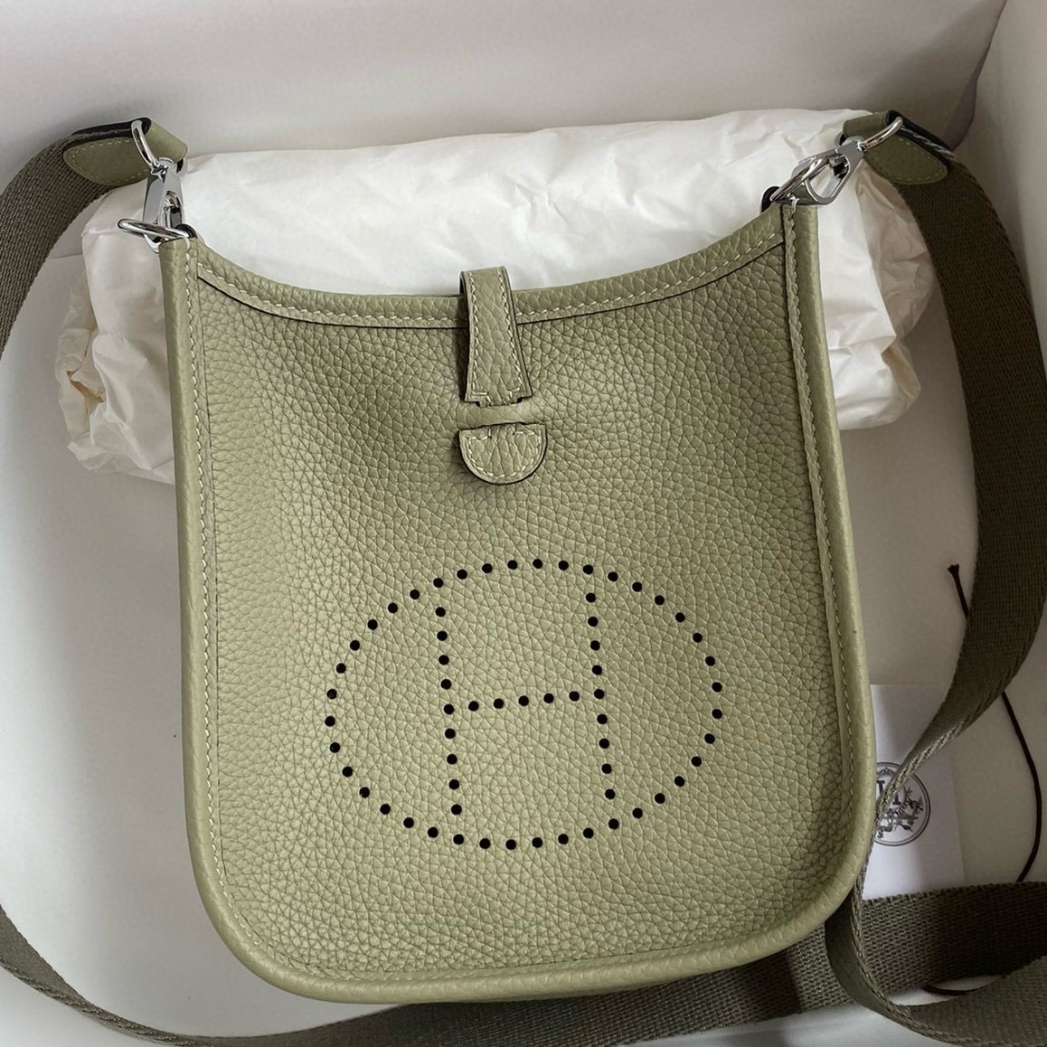 H**mes evelyne mini handmade bag in sauge clemence leather