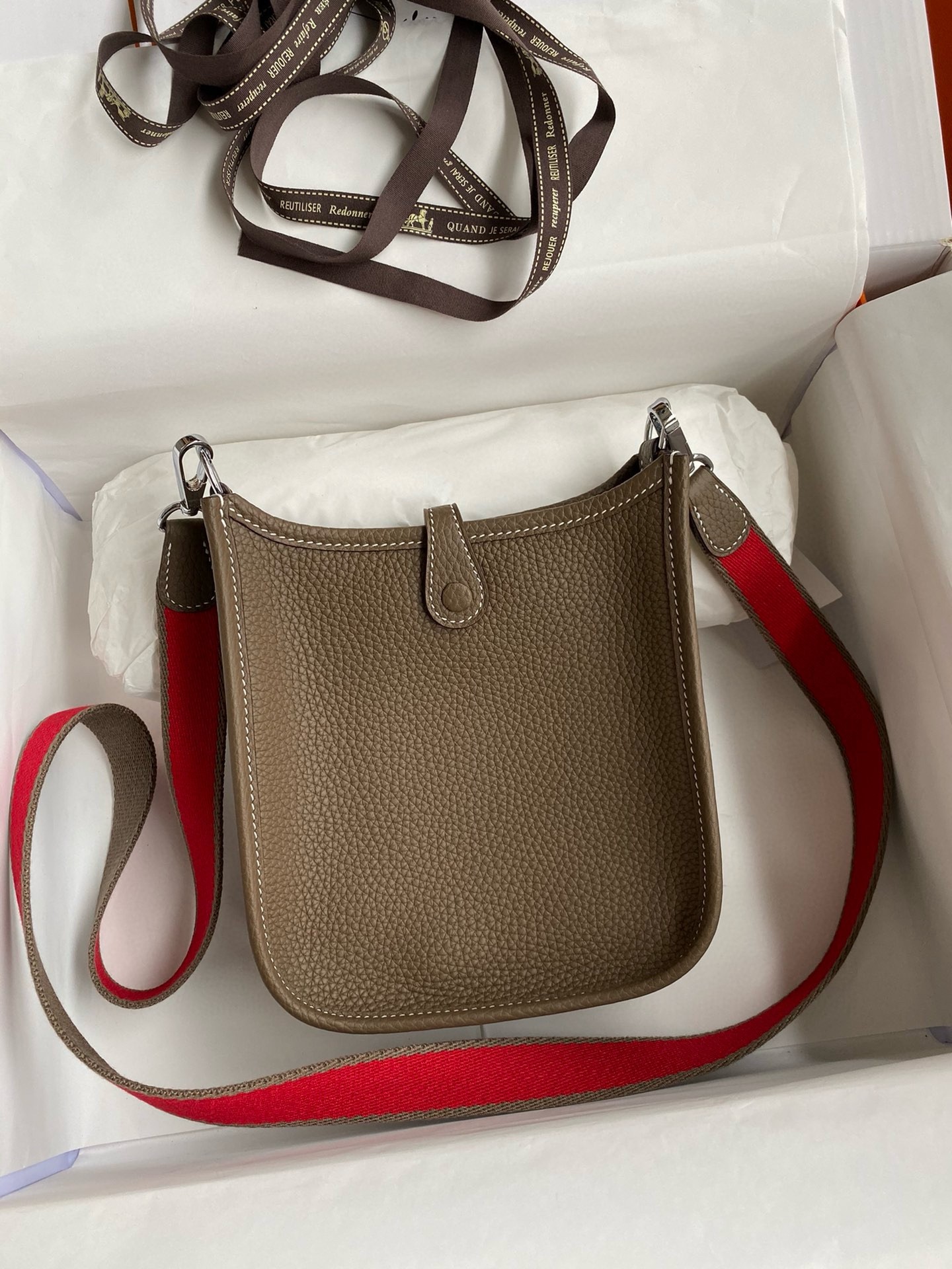 H**mes evelyne mini handmade bag in taupe clemence leather