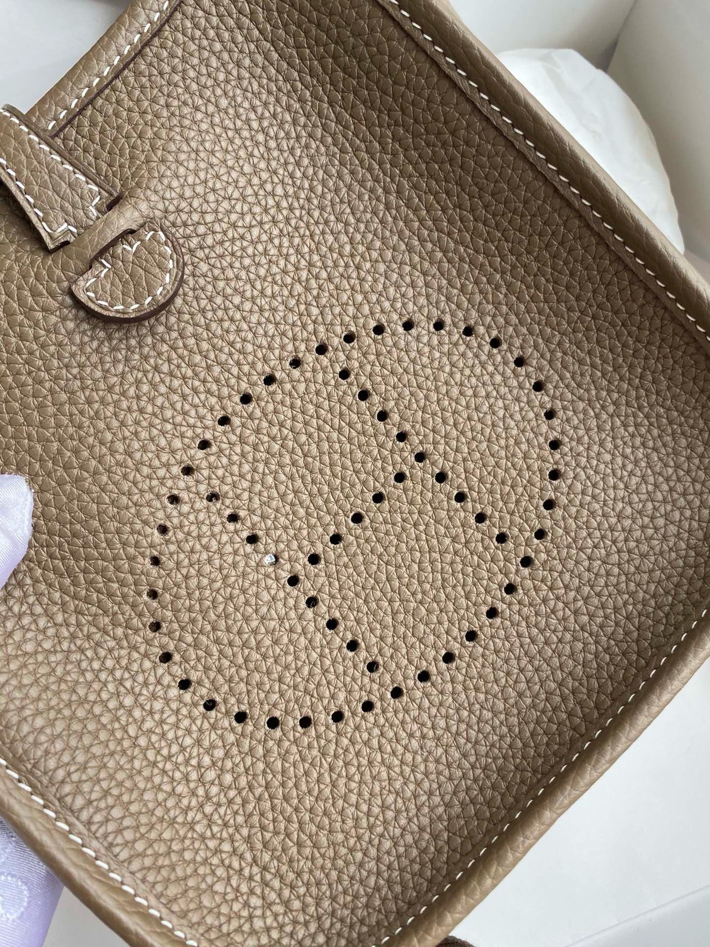 H**mes evelyne mini handmade bag in taupe clemence leather