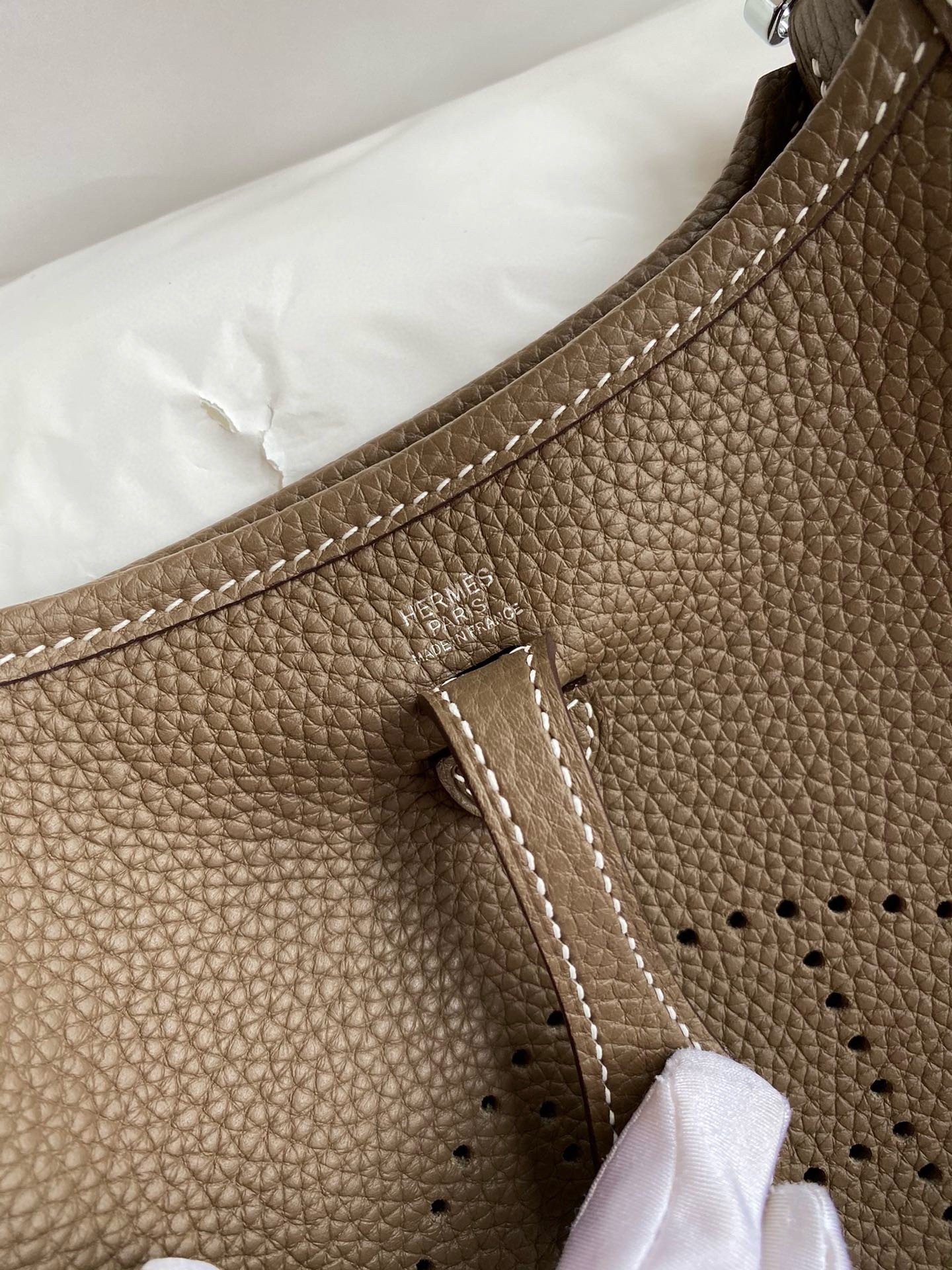 H**mes evelyne mini handmade bag in taupe clemence leather