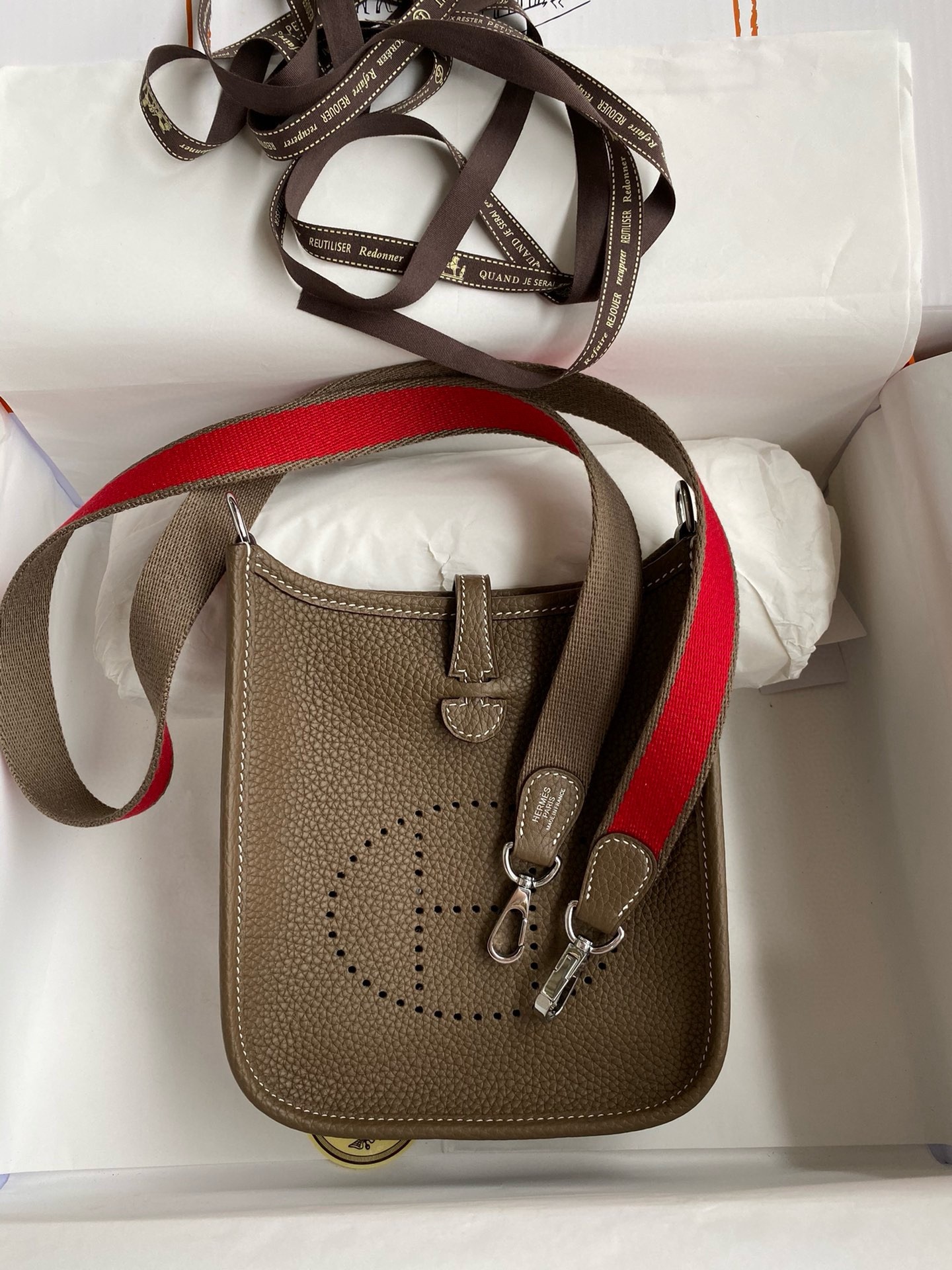 H**mes evelyne mini handmade bag in taupe clemence leather