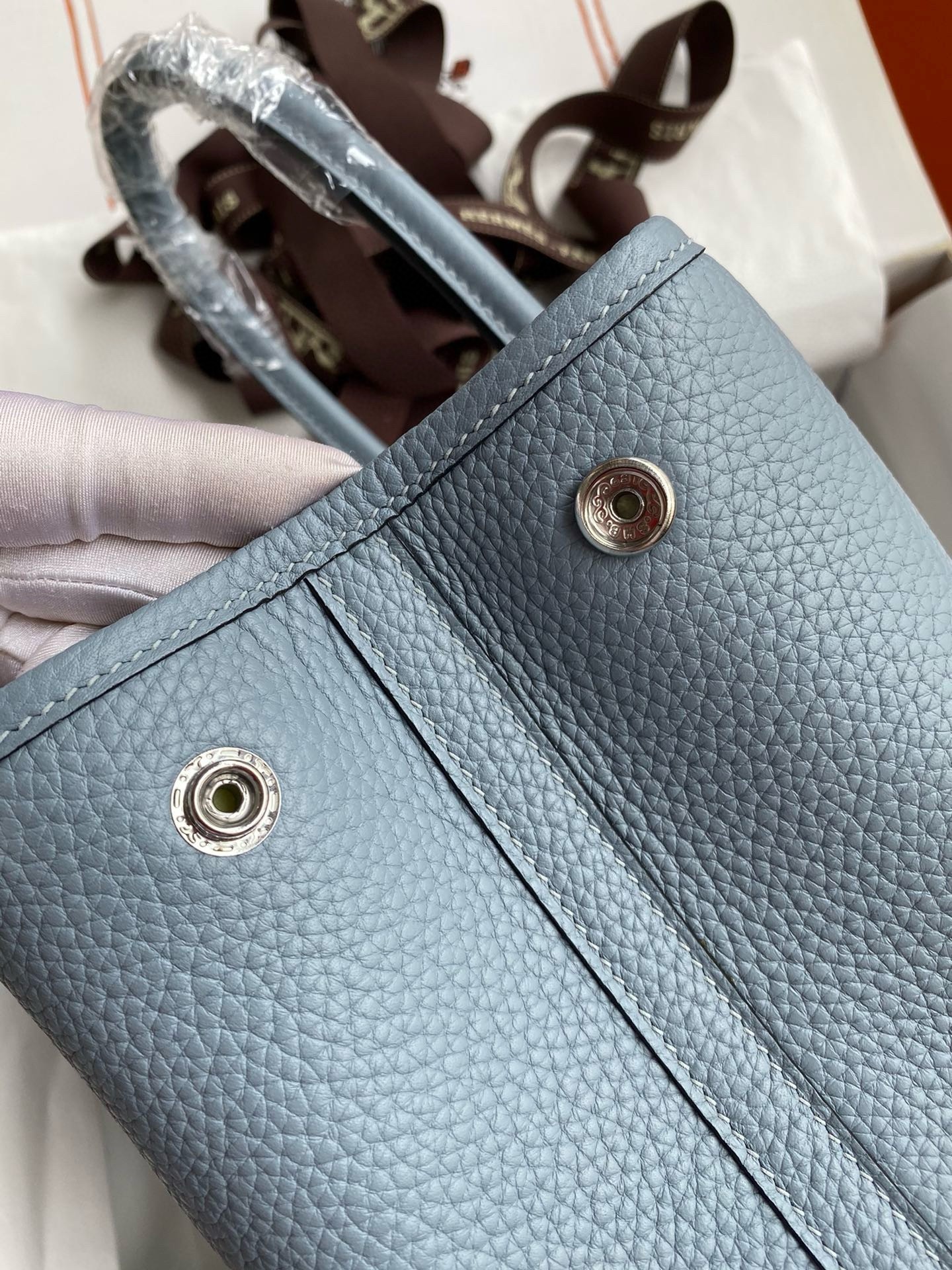 H**mes garden party 30 handmade bag in blue lin clemence leather
