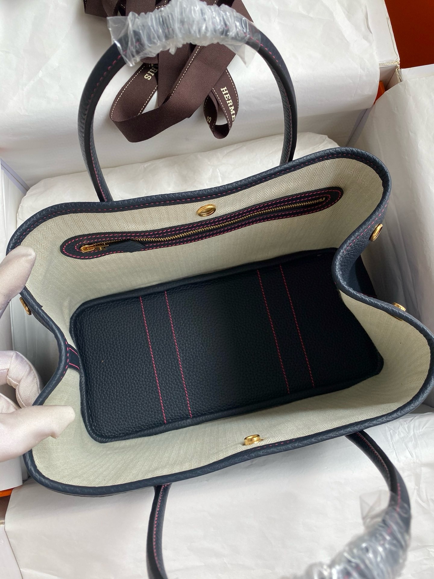 H**mes garden party 30 handmade bag in blue nuit clemence leather