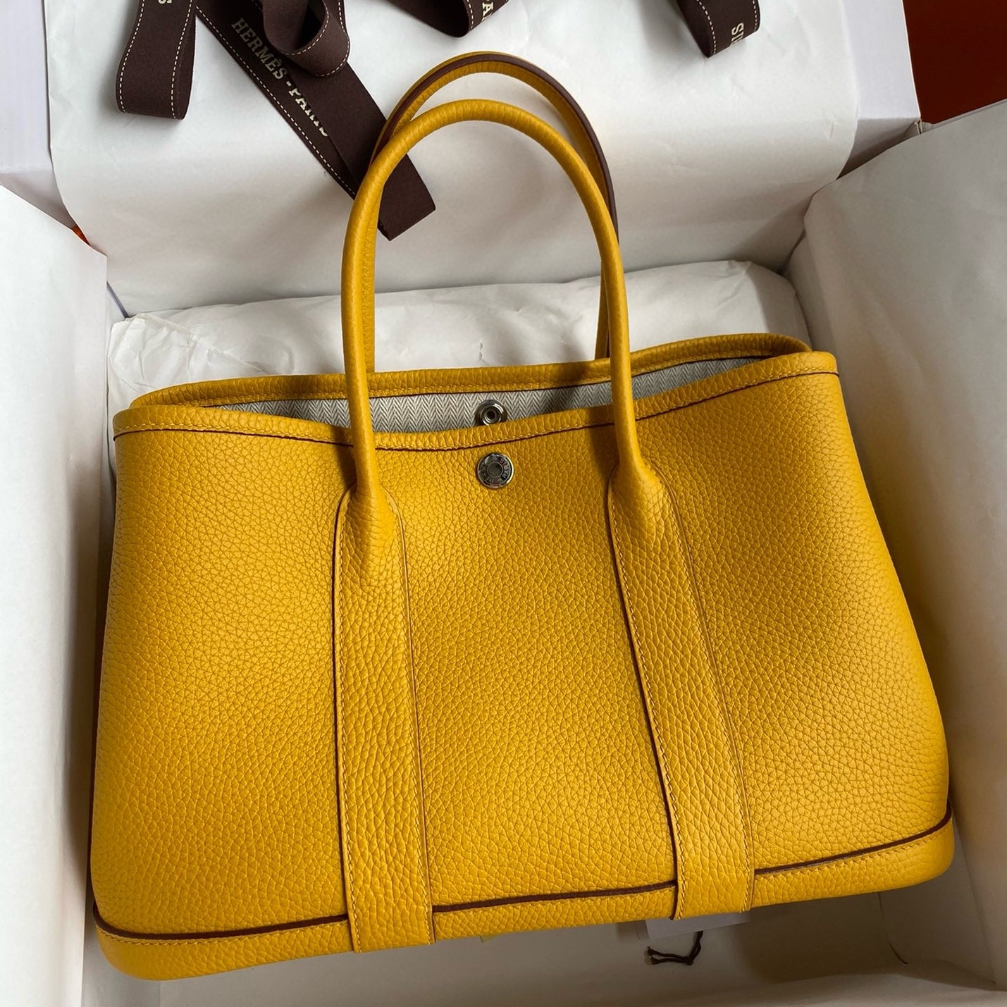 H**mes garden party 30 handmade bag in jaune ambre clemence leather