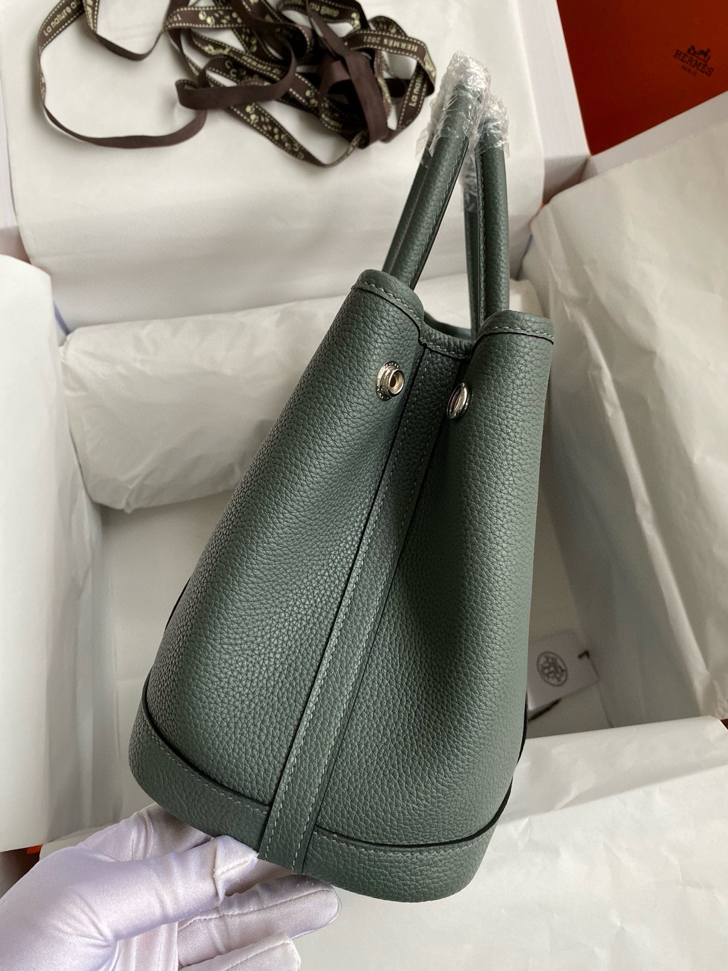 H**mes garden party 30 handmade bag in malachite clemence leather
