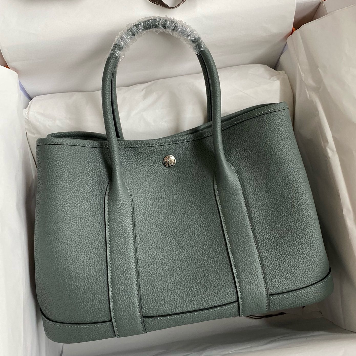 H**mes garden party 30 handmade bag in vert amande clemence leather