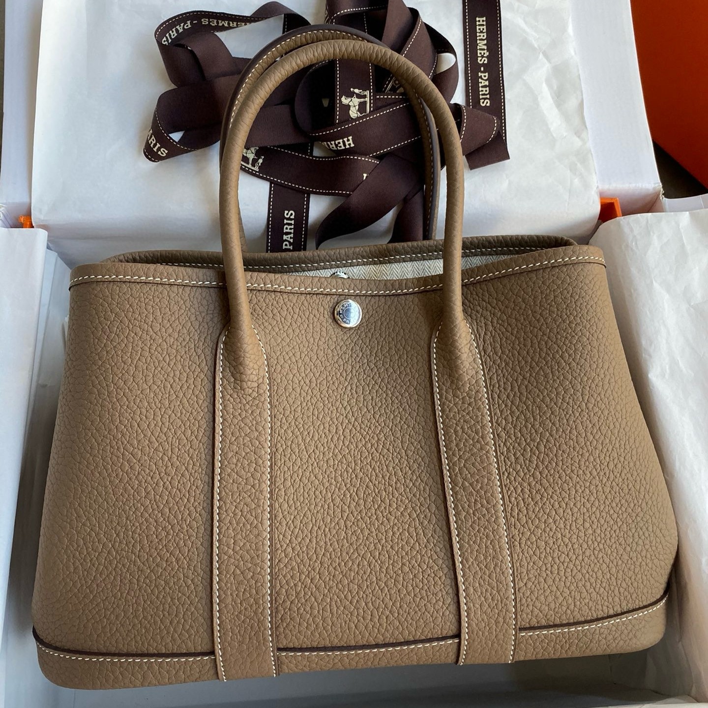 H**mes garden party 30 handmade bag in taupe negonda leather