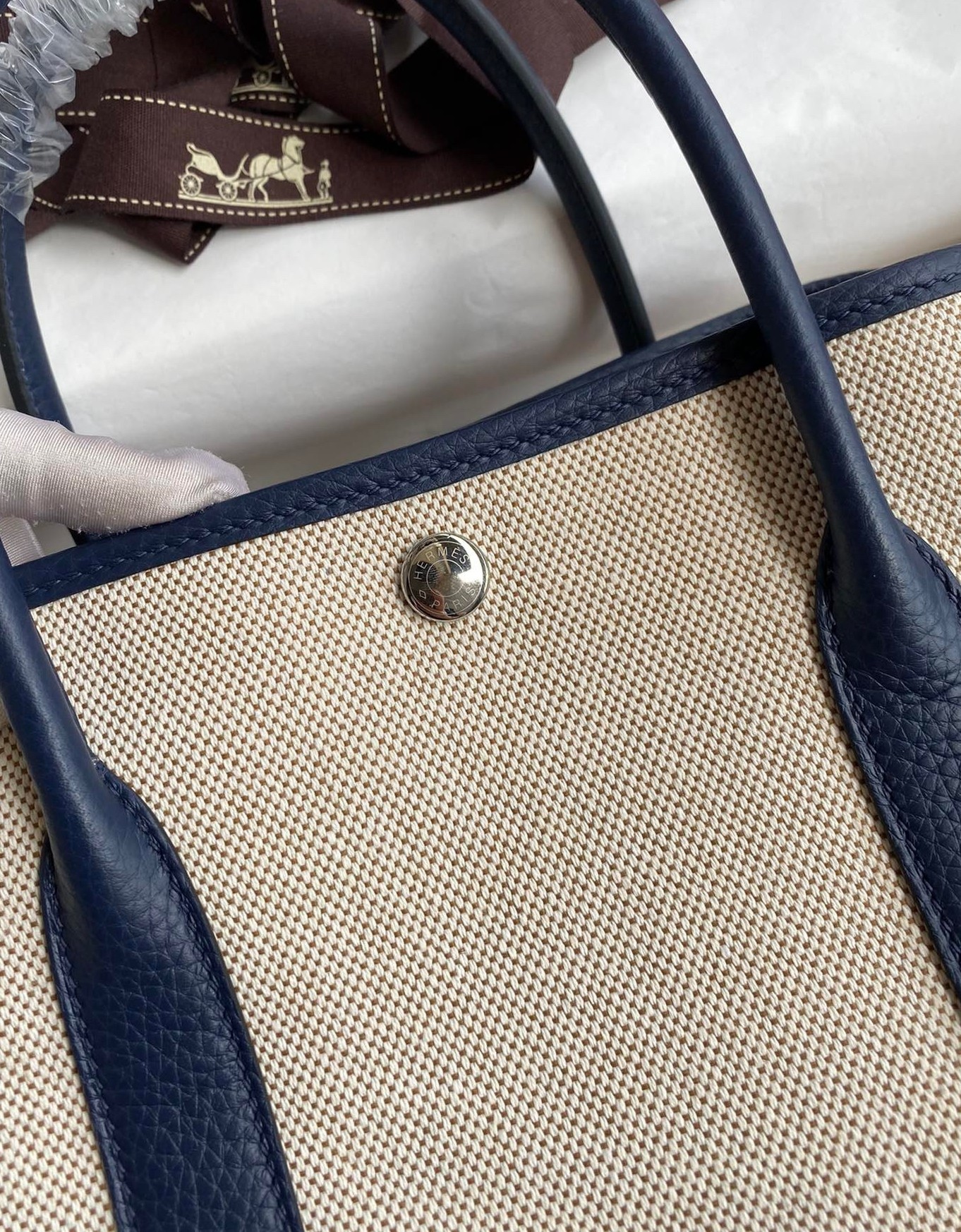 H**mes garden party 30 handmade bag in toile and blue leather