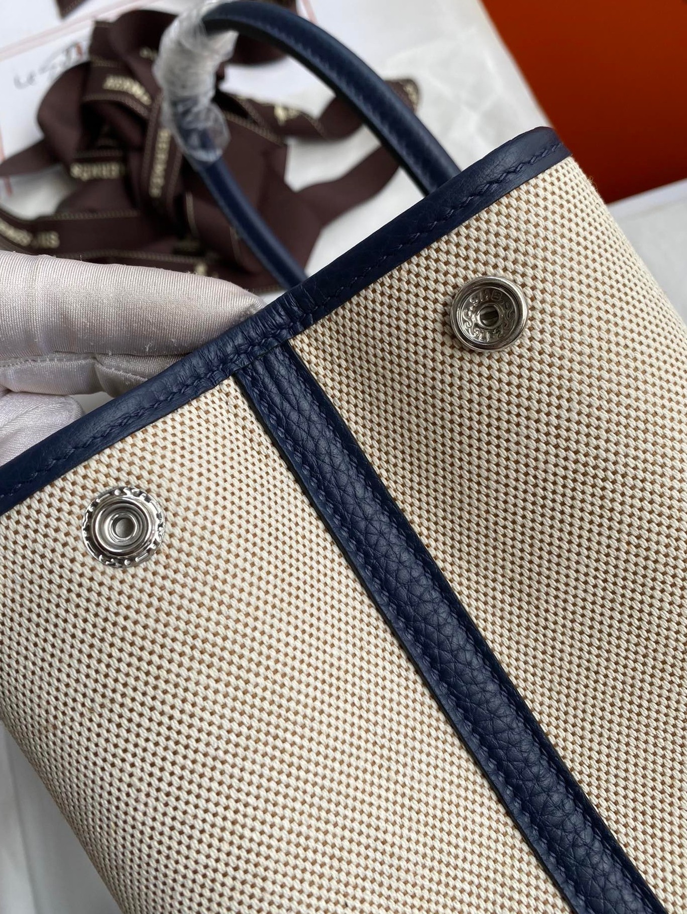 H**mes garden party 30 handmade bag in toile and blue leather