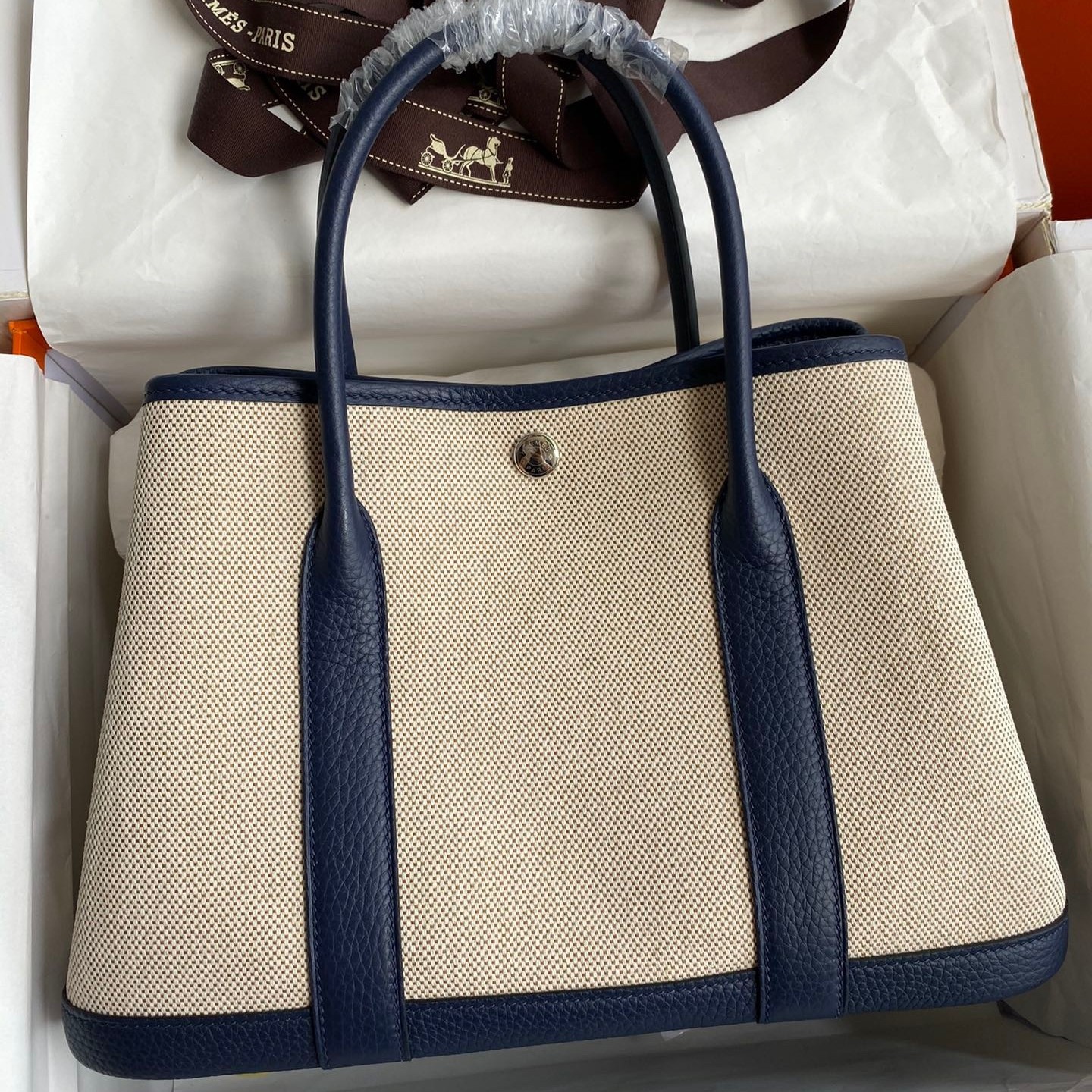 H**mes garden party 30 handmade bag in toile and blue leather