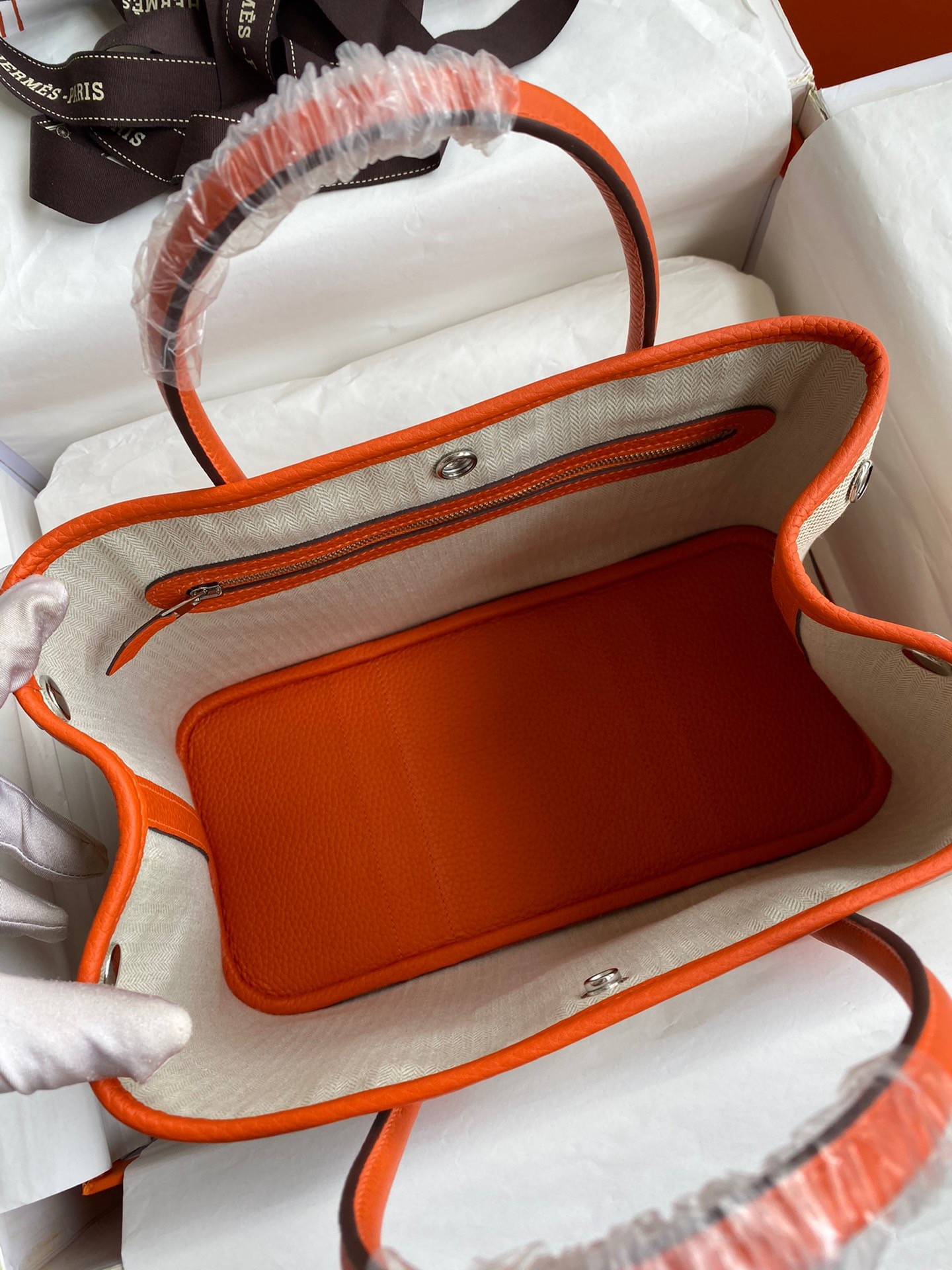 H**mes garden party 30 handmade bag in toile and orange leather