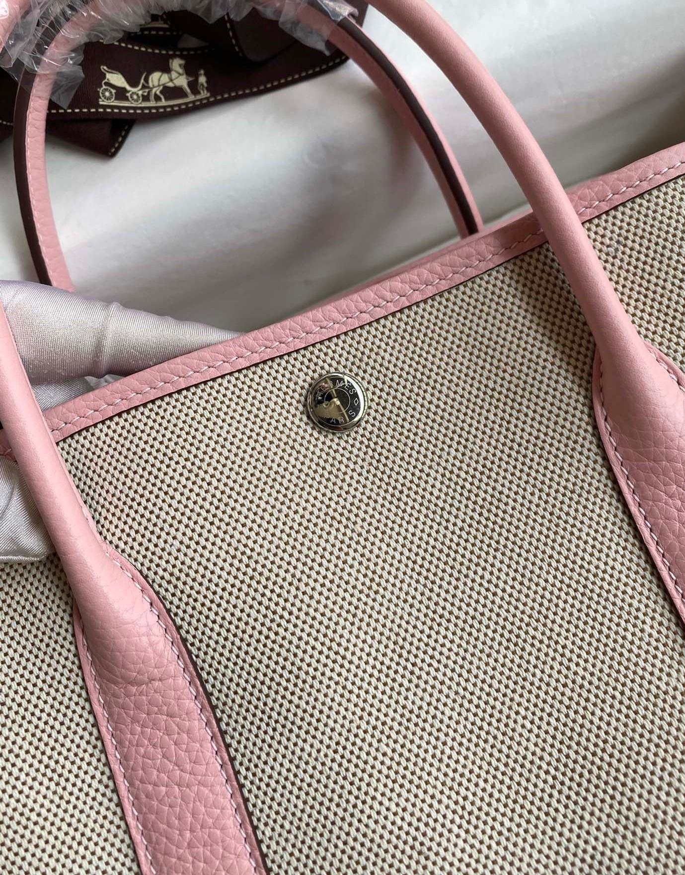 H**mes garden party 30 handmade bag in toile and pink leather