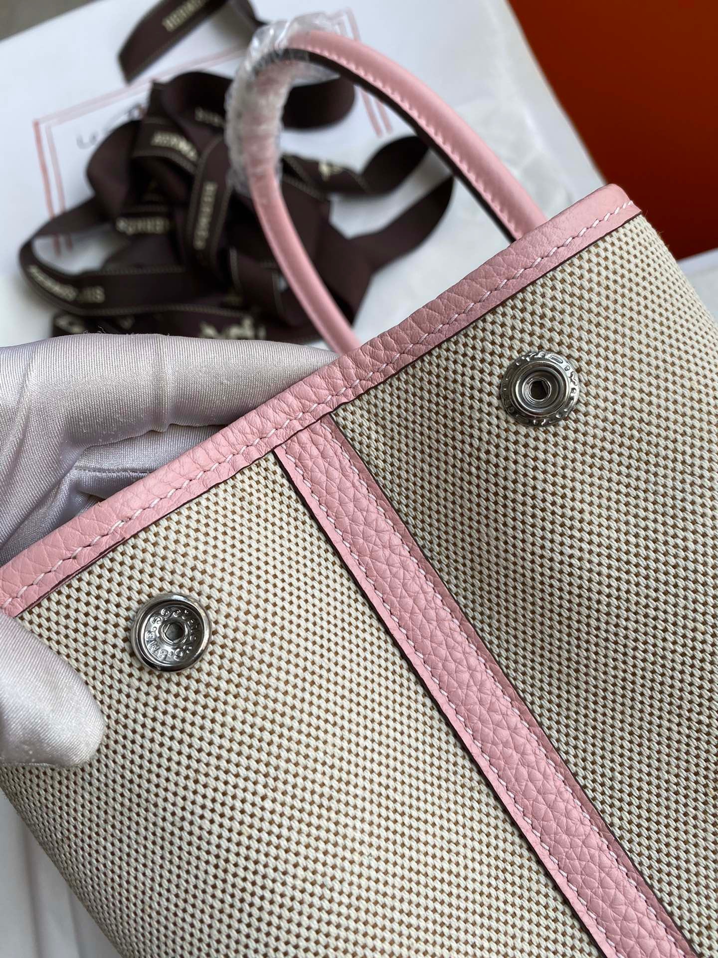 H**mes garden party 30 handmade bag in toile and pink leather