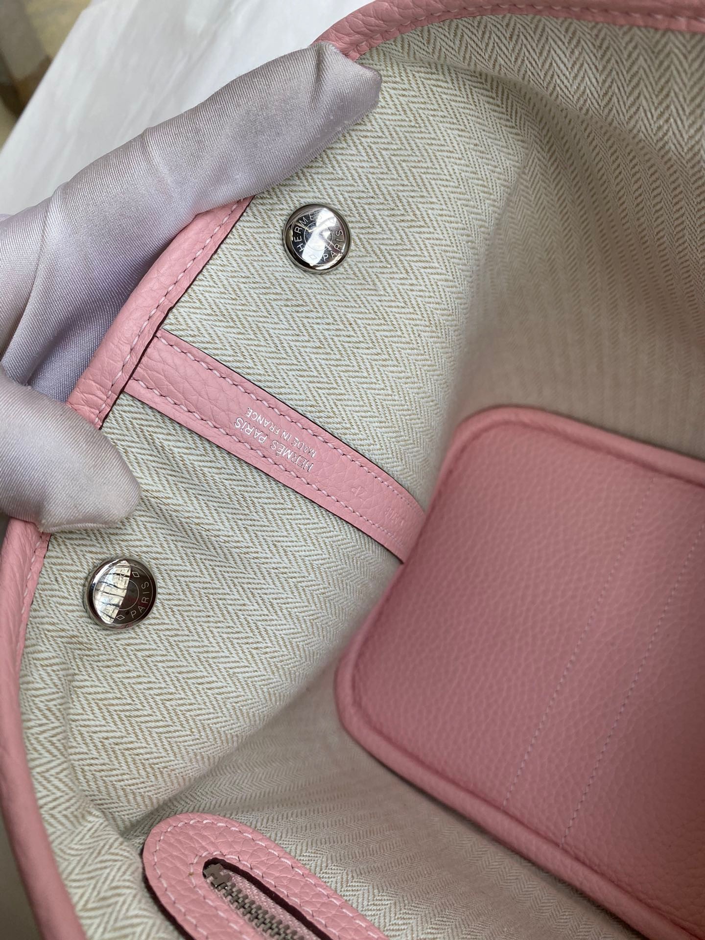 H**mes garden party 30 handmade bag in toile and pink leather