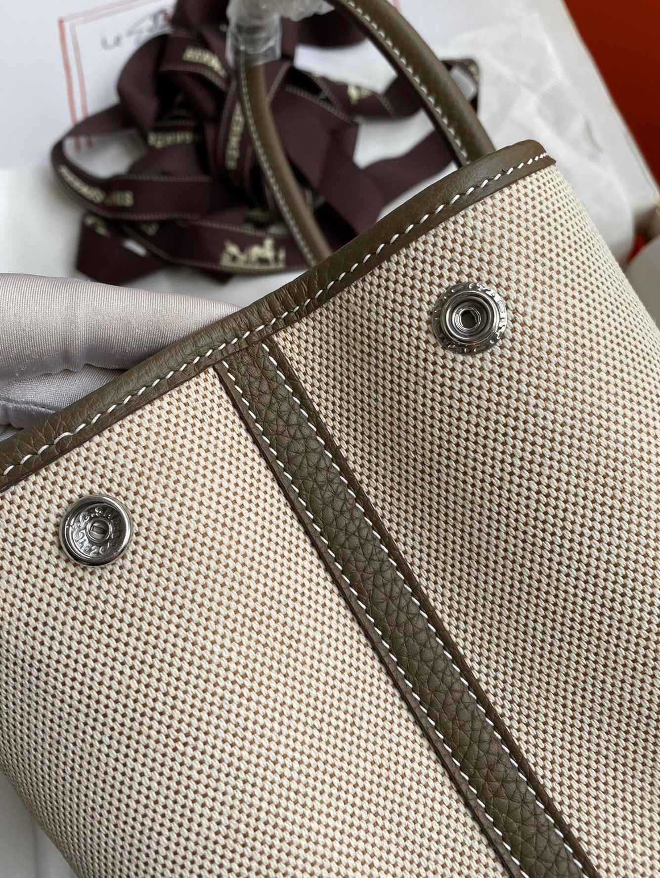 H**mes garden party 30 handmade bag in toile and taupe leather