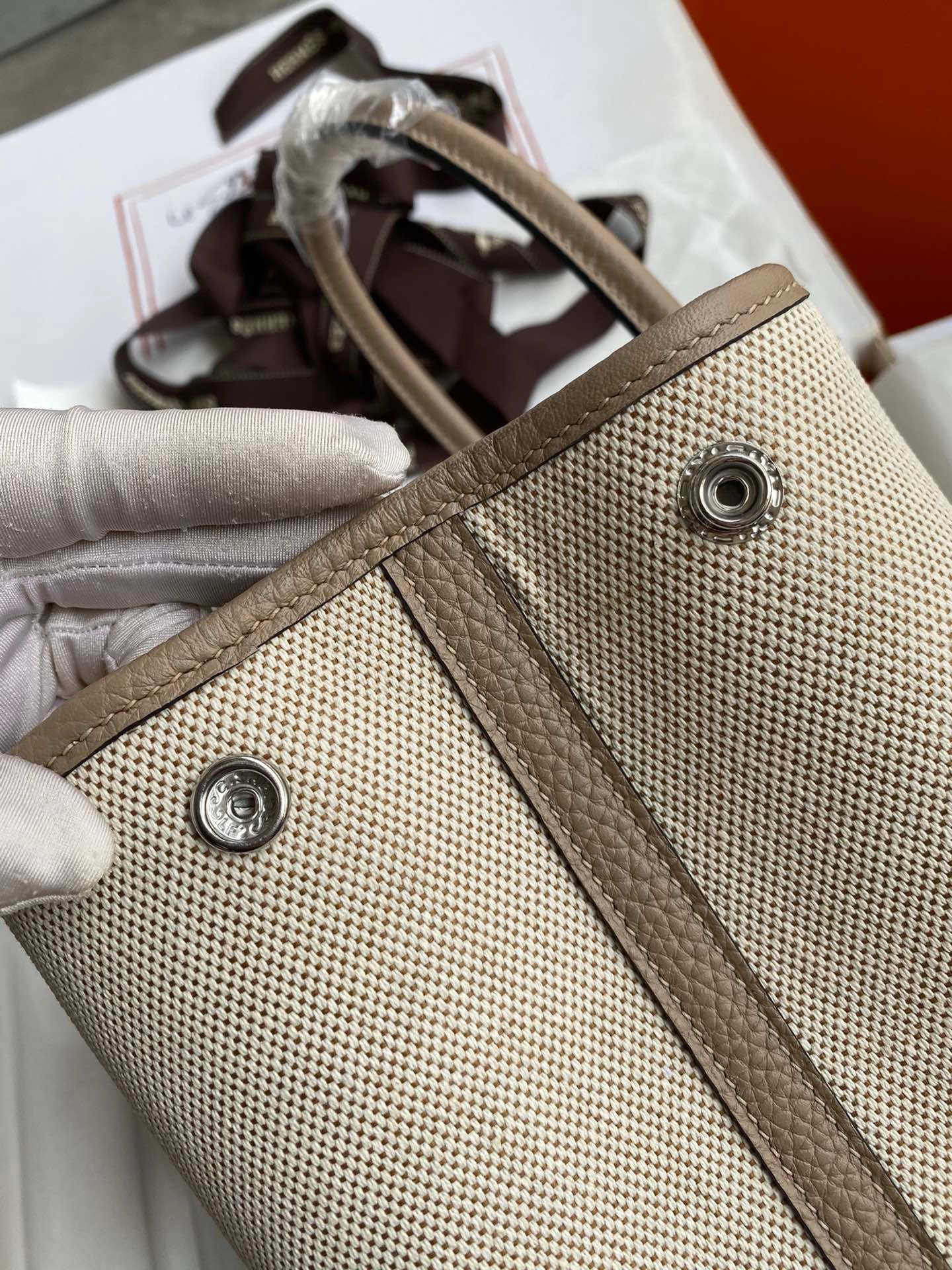 H**mes garden party 30 handmade bag in toile and tourterelle leather
