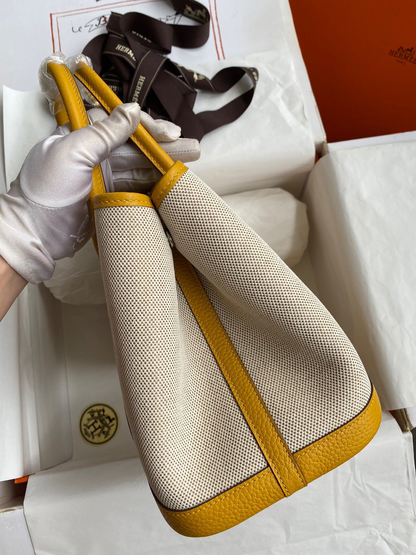 H**mes garden party 30 handmade bag in toile and yellow leather