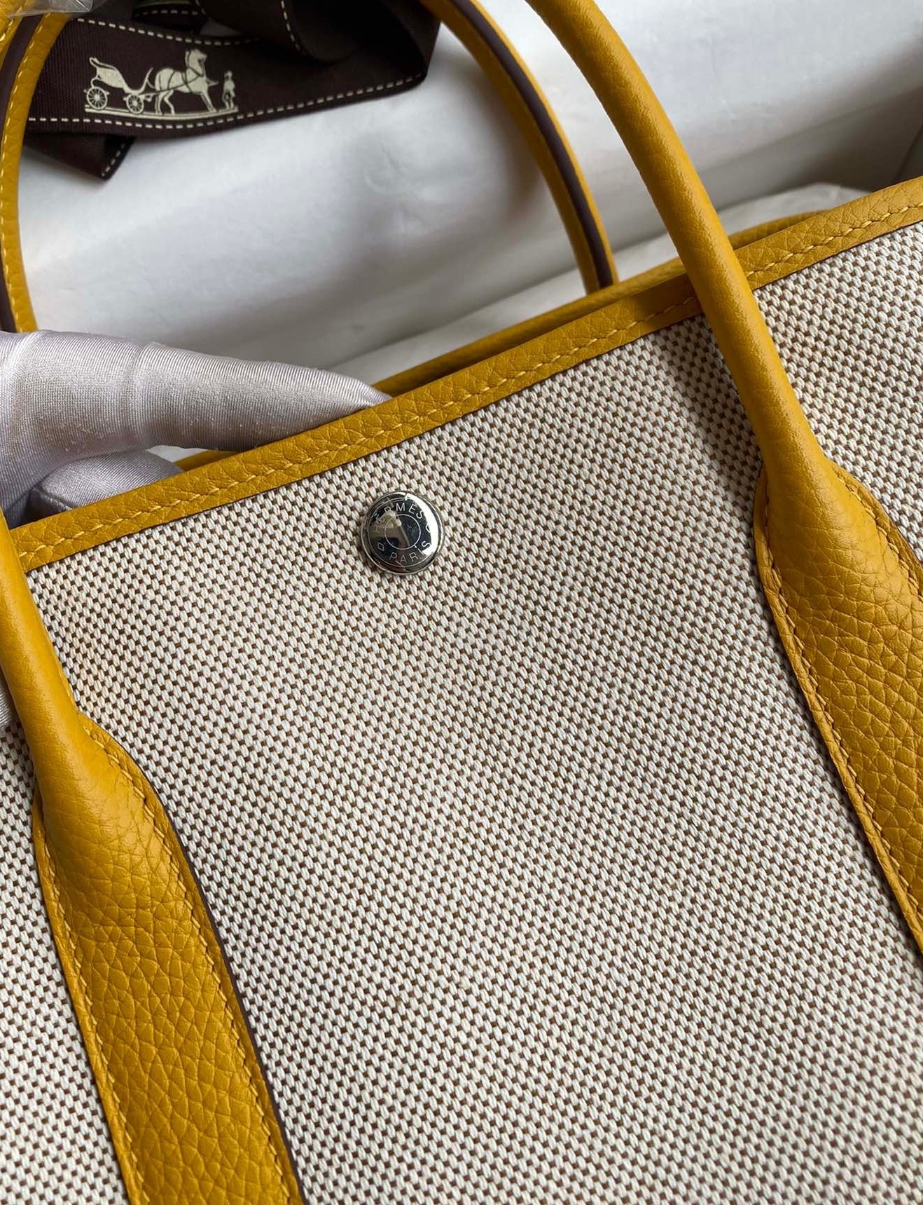 H**mes garden party 30 handmade bag in toile and yellow leather